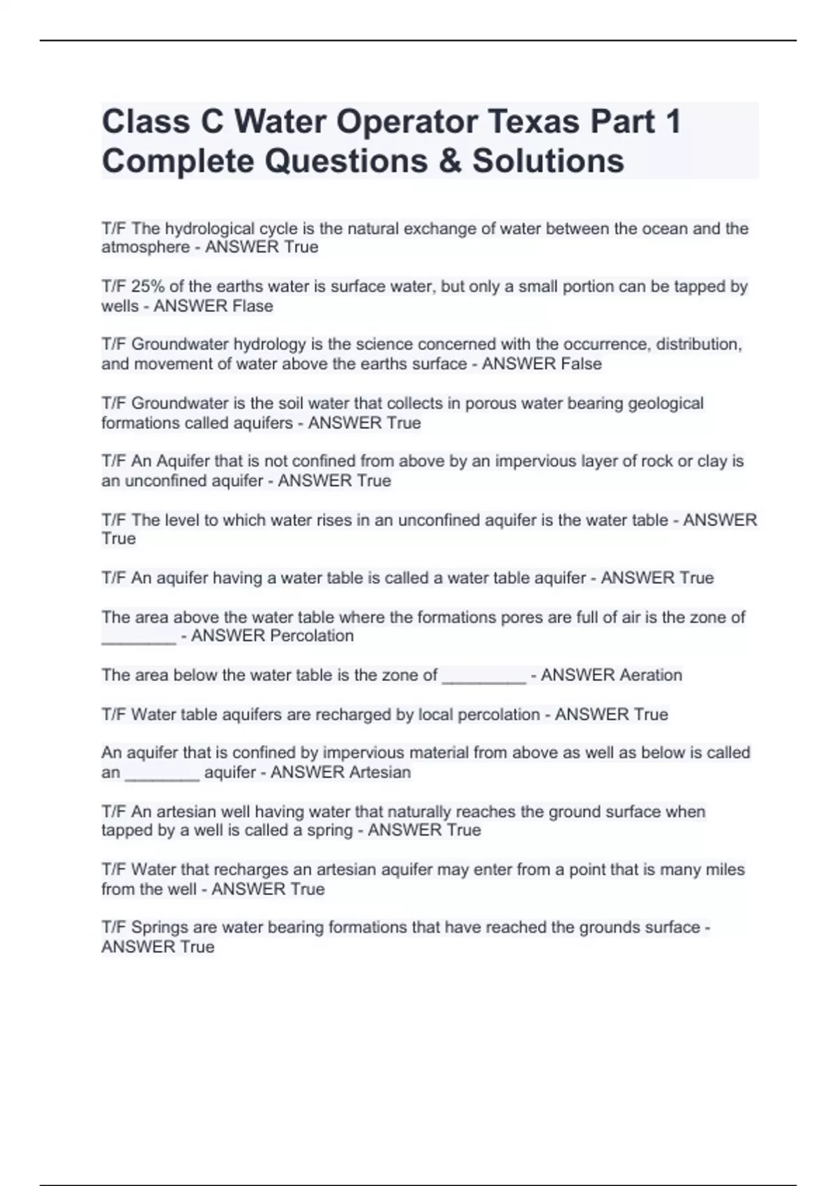 Class C Water Operator Texas Part 1 Complete Questions & Solutions