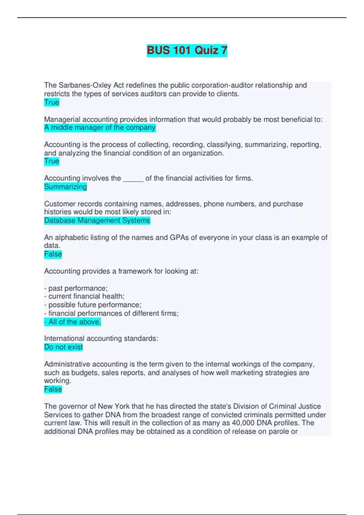 BUS 101 Quiz 7 - Questions and Answers - BUS 101 - Stuvia US