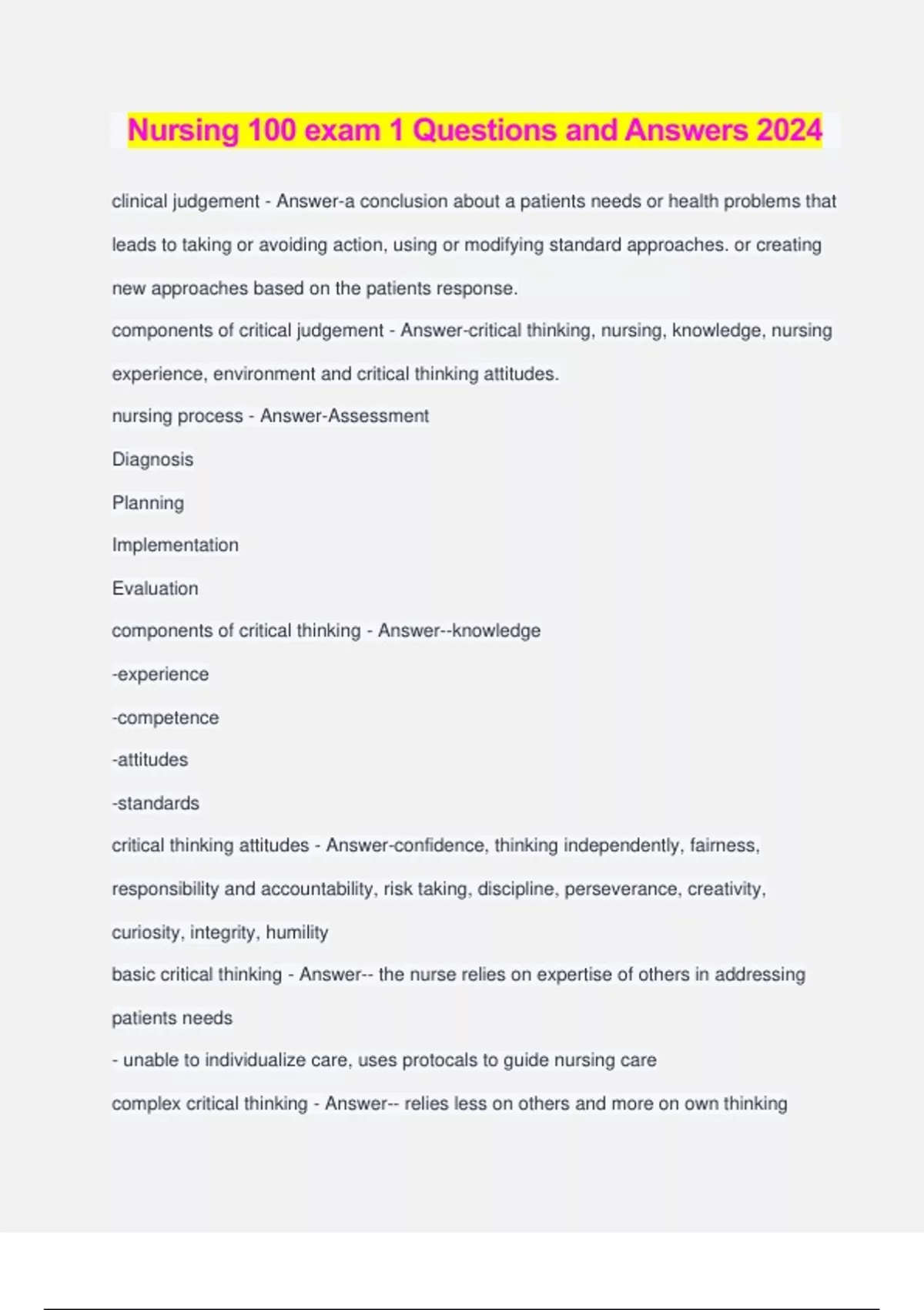 Nursing 100 exam 1 Questions and Answers 2024 - Nursing 100 - Stuvia US