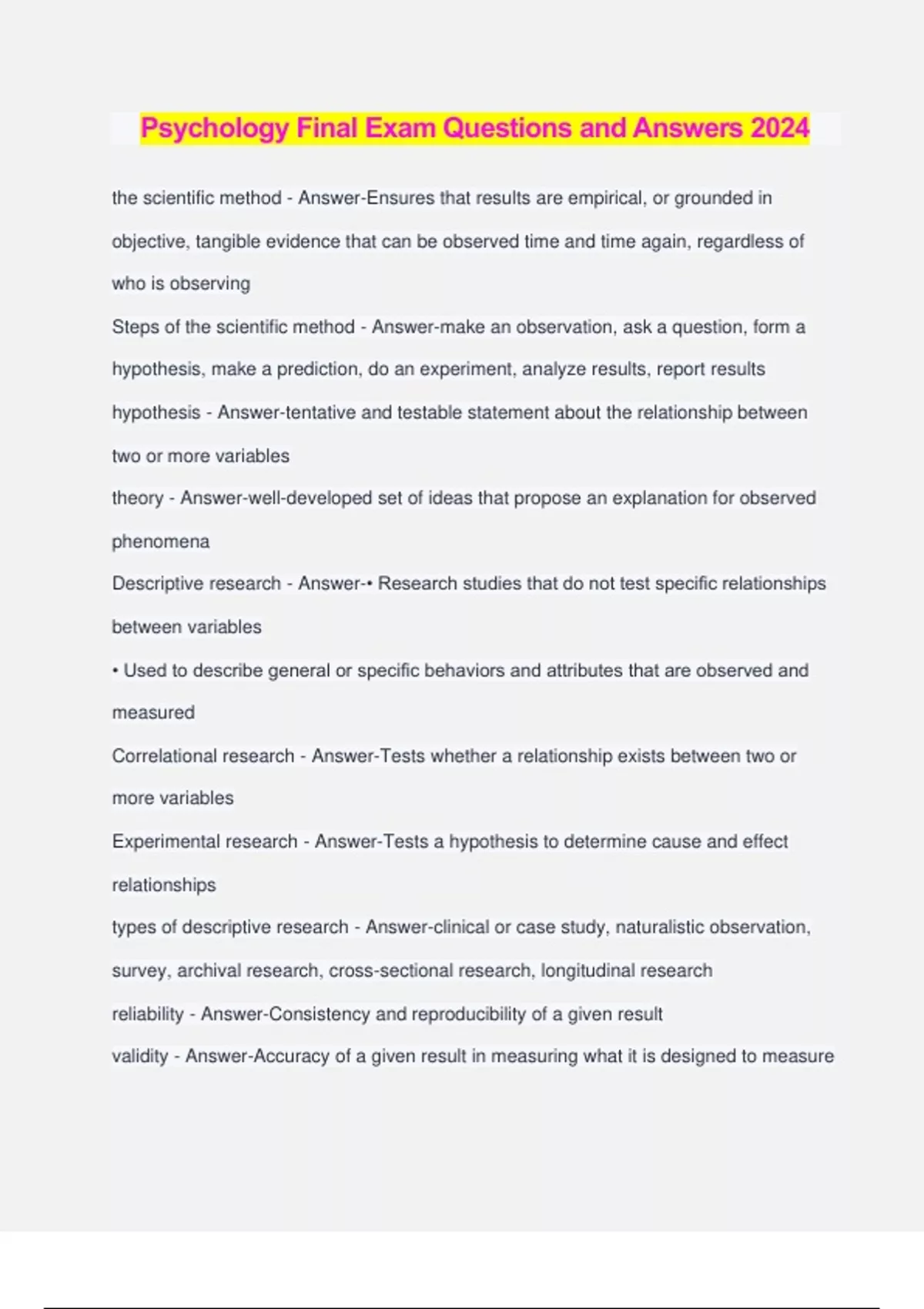 Psychology Final Exam Questions and Answers 2024 - Psychology - Stuvia US