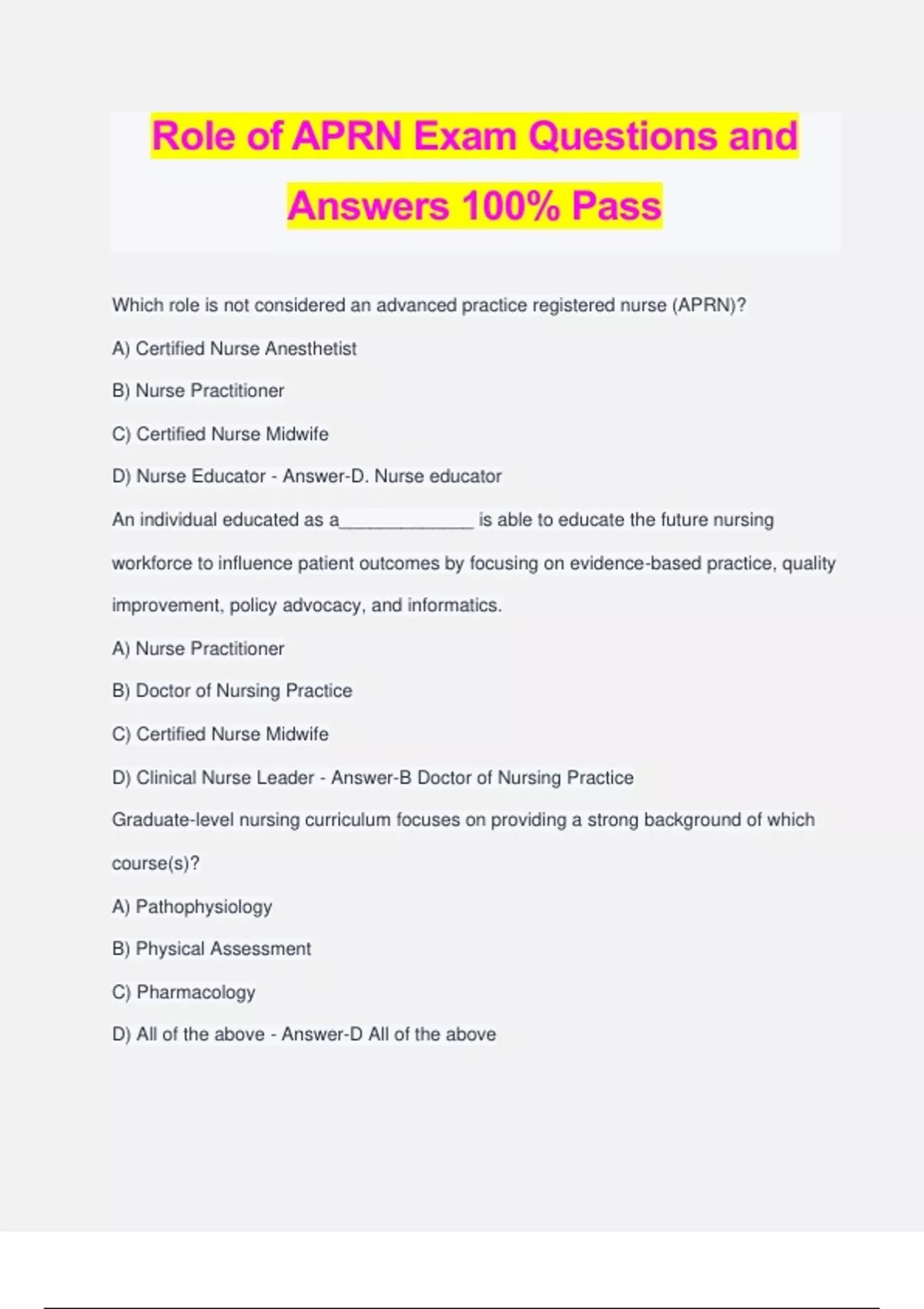 Role of APRN Exam Questions and Answers 100% Pass - APRN - Stuvia US