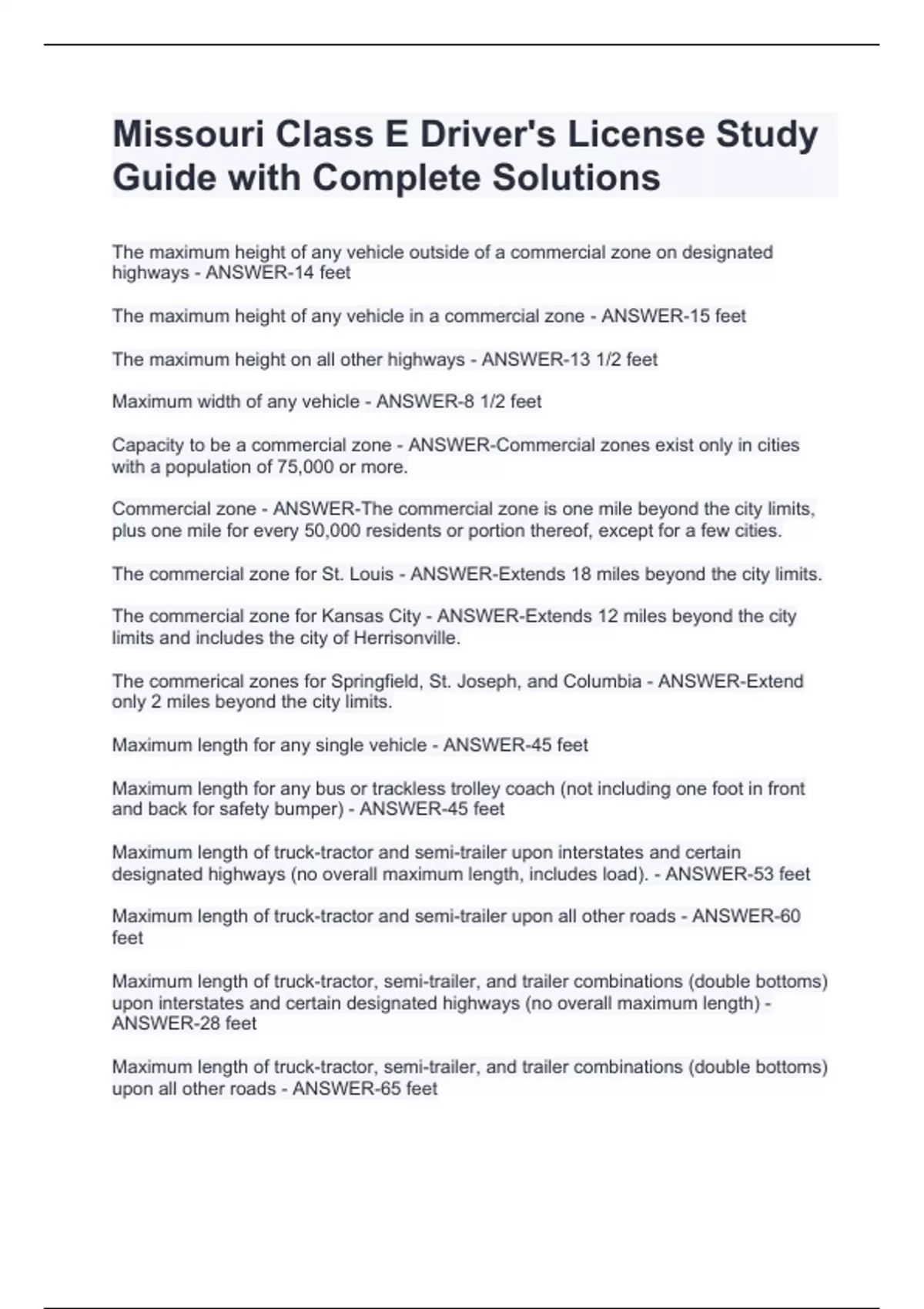 Missouri Class E Driver's License Study Guide with Complete Solutions Missouri Class E Driver