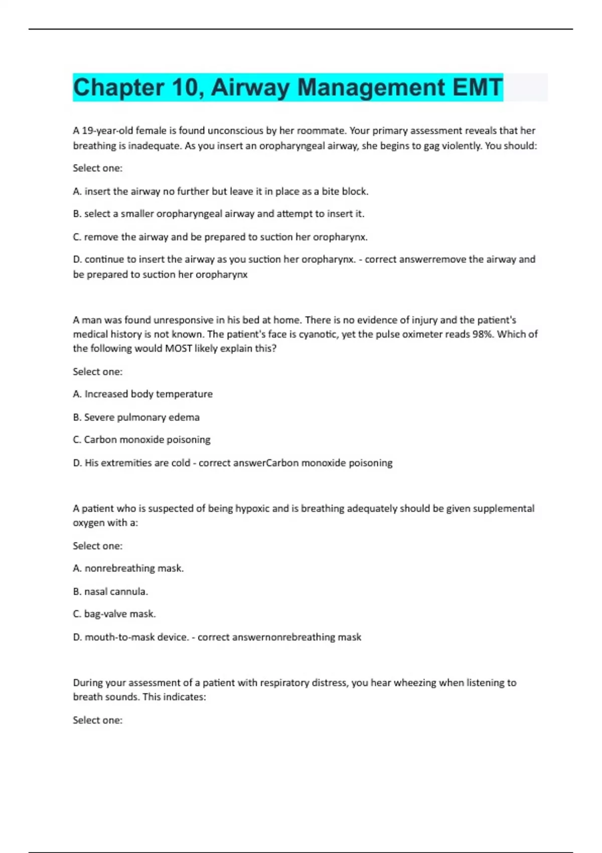 Chapter 10, Airway Management EMT Questions and answers latest update