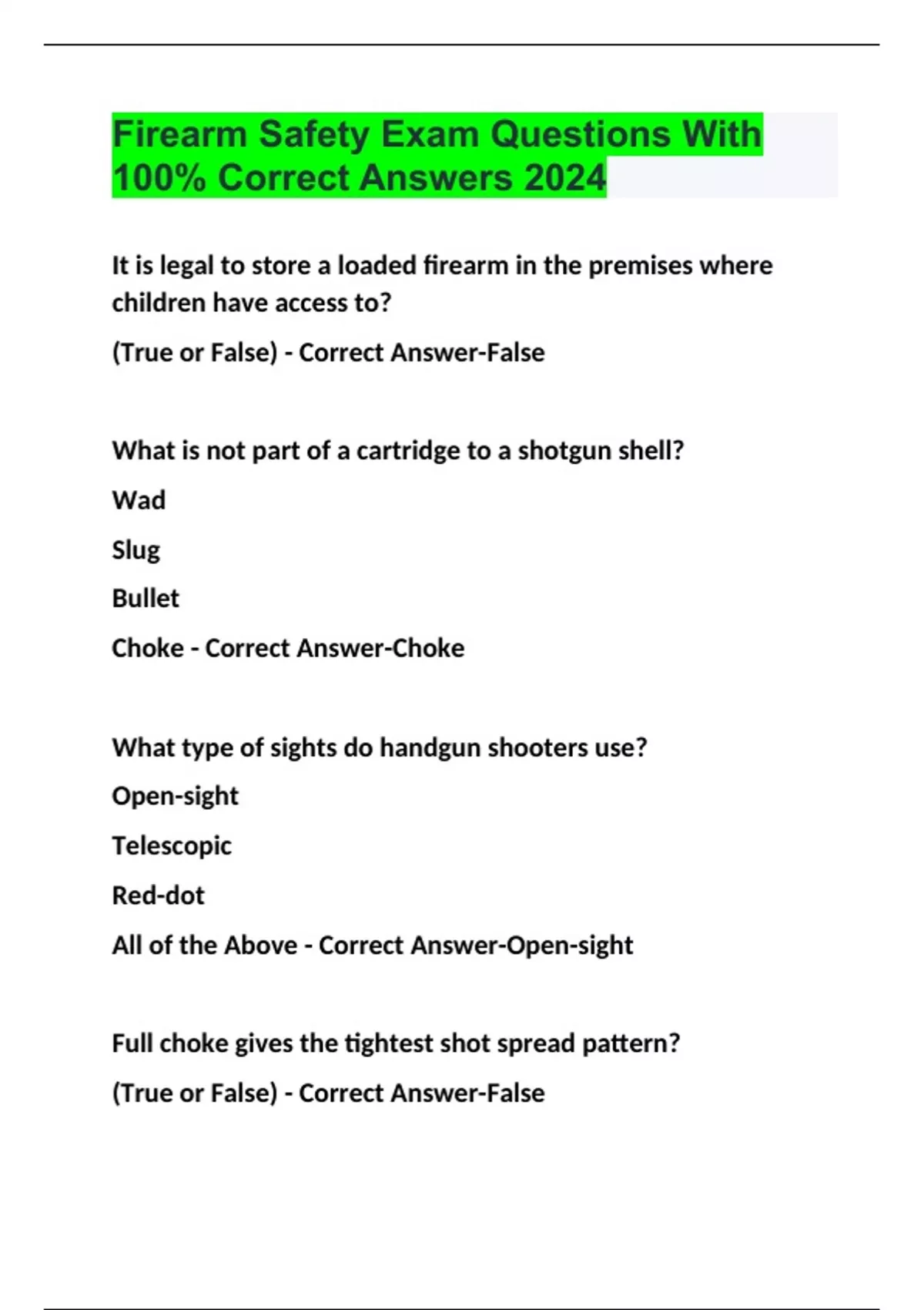 Firearm Safety Exam Questions With 100 Correct Answers 2024 Firearm
