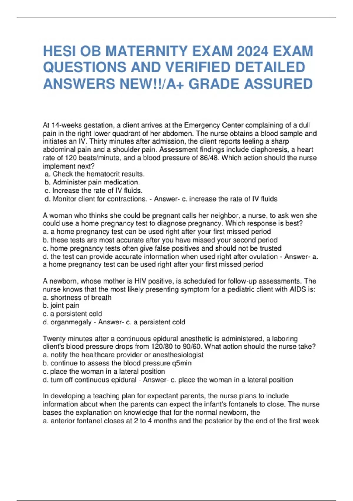 HESI OB MATERNITY EXAM 2024 EXAM QUESTIONS AND VERIFIED DETAILED ...
