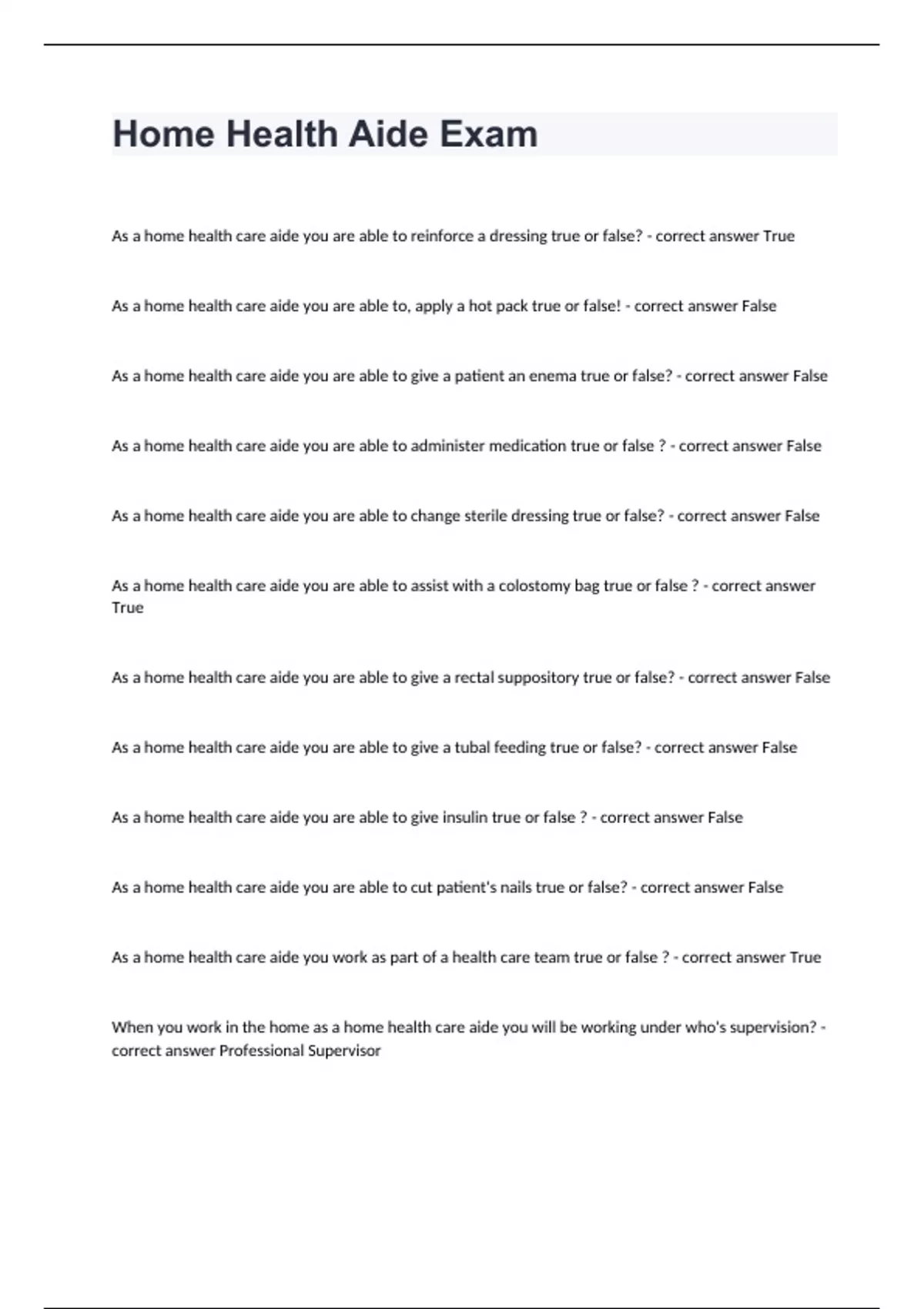 Home Health Aide Exam with correct answers 2024 Home Health Aid