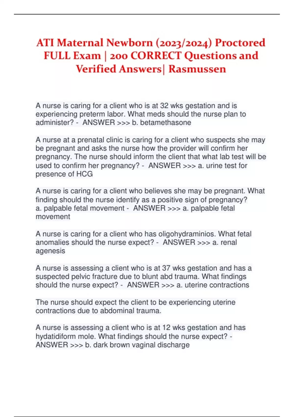 ATI Maternal Newborn () Proctored ACTUAL EXAM 100 Questions and ...