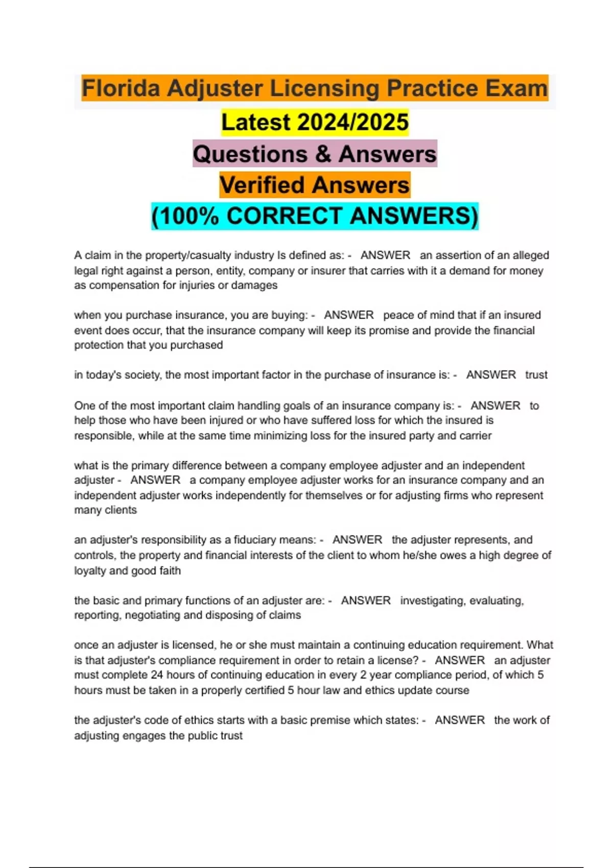 Florida Adjuster Licensing Practice Exam Latest 2024/2025 Questions