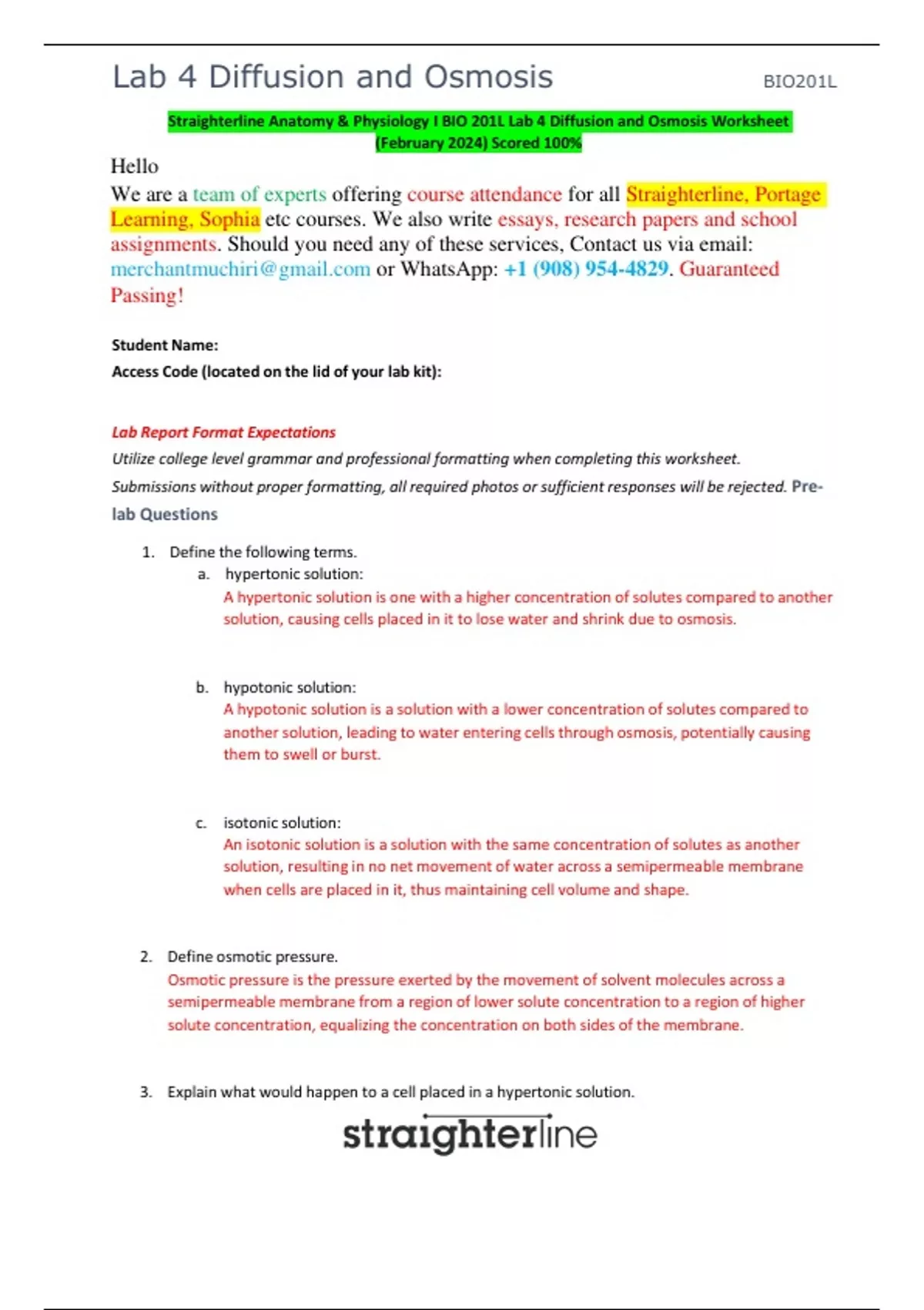 Straighterline Anatomy & Physiology I BIO 201L Lab 4 Diffusion and