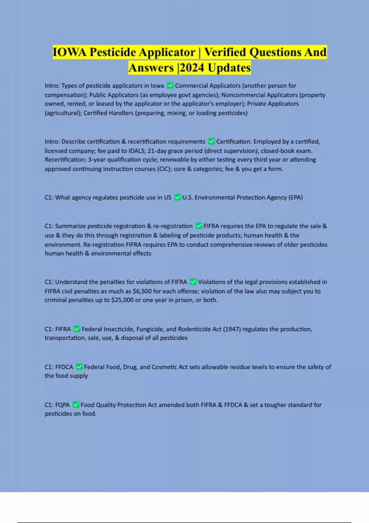 IOWA Pesticide Applicator Verified Questions And Answers 2024