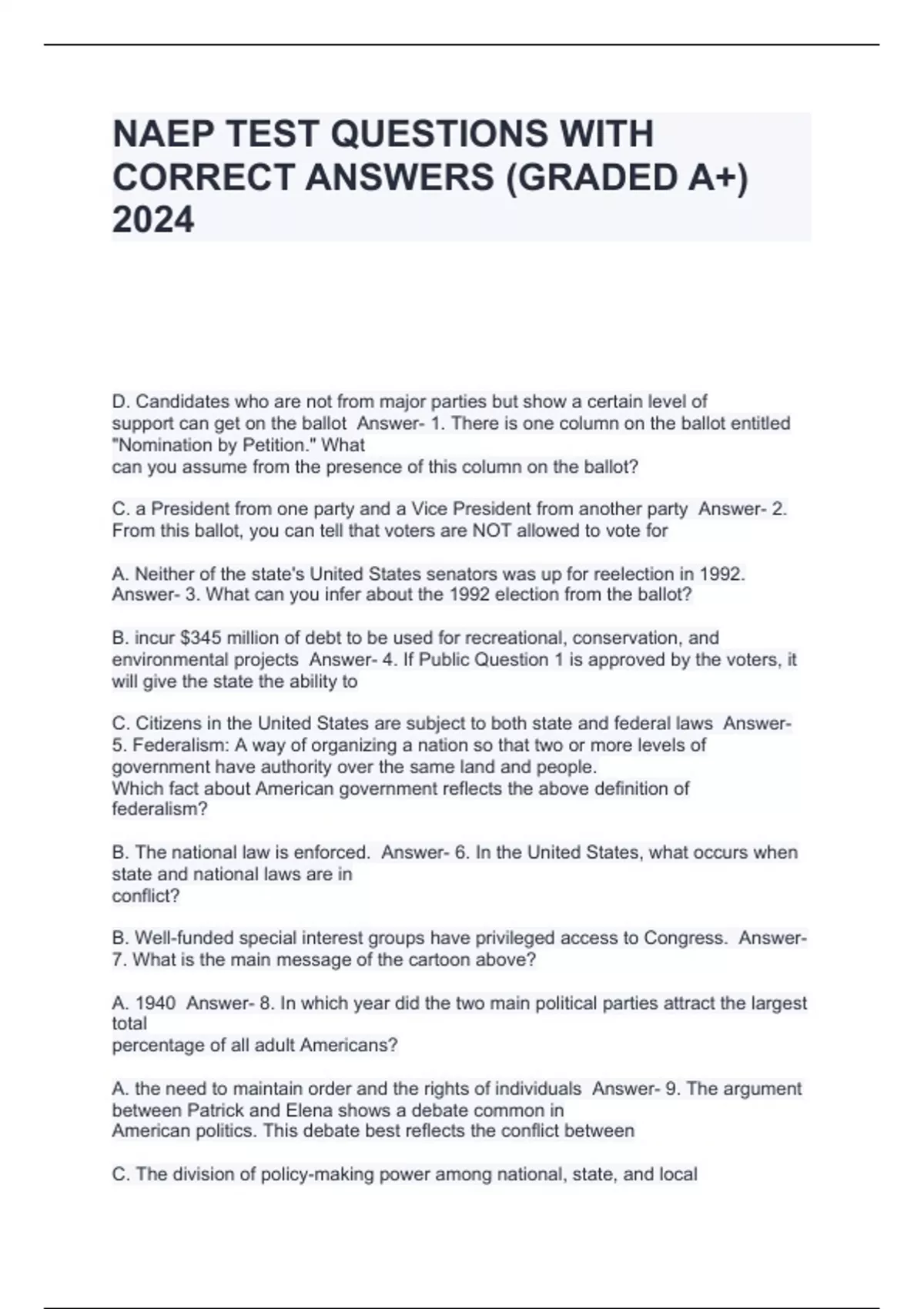 NAEP TEST QUESTIONS WITH CORRECT ANSWERS (GRADED A+) 2024 NAEP