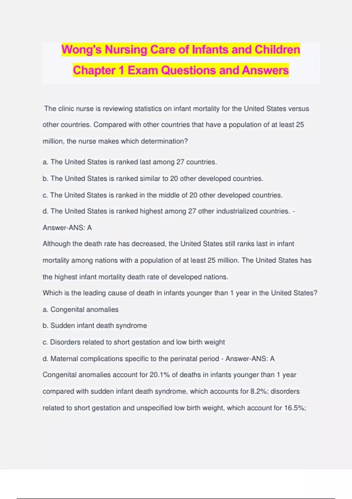 Wong's Nursing Care of Infants and Children Chapter 1 Exam Questions ...