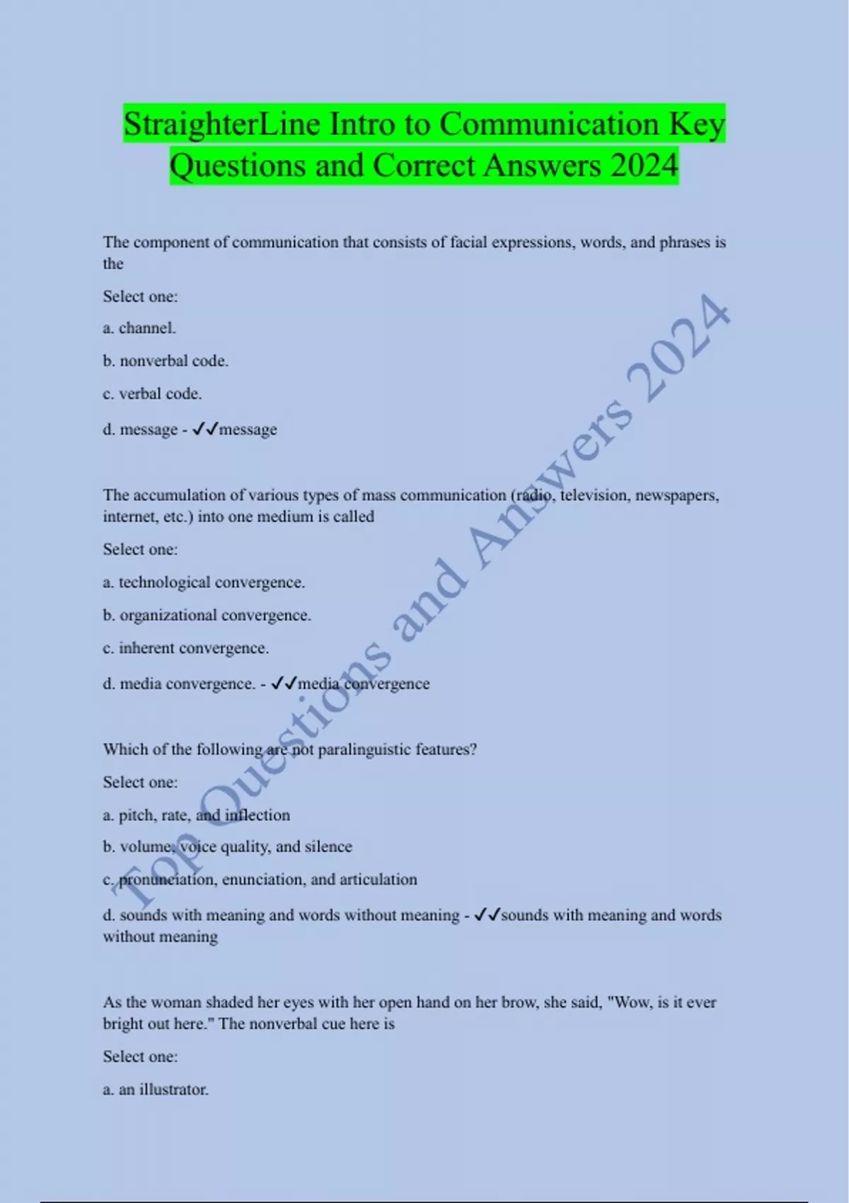 StraighterLine Intro to Communication Key Questions and Correct Answers ...