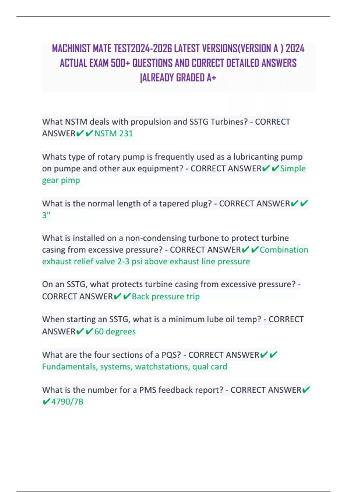 MACHINIST MATE TEST LATEST VERSIONS(VERSION A ) 2024 ACTUAL EXAM 500+ QUESTIONS AND CORRECT