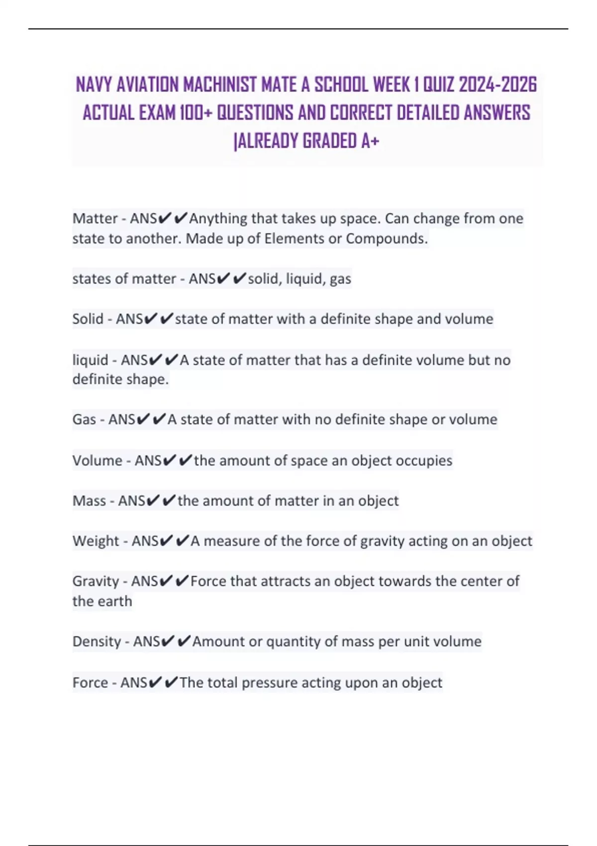 NAVY AVIATION MACHINIST MATE A SCHOOL WEEK 1 QUIZ ACTUAL EXAM 100+ QUESTIONS AND CORRECT