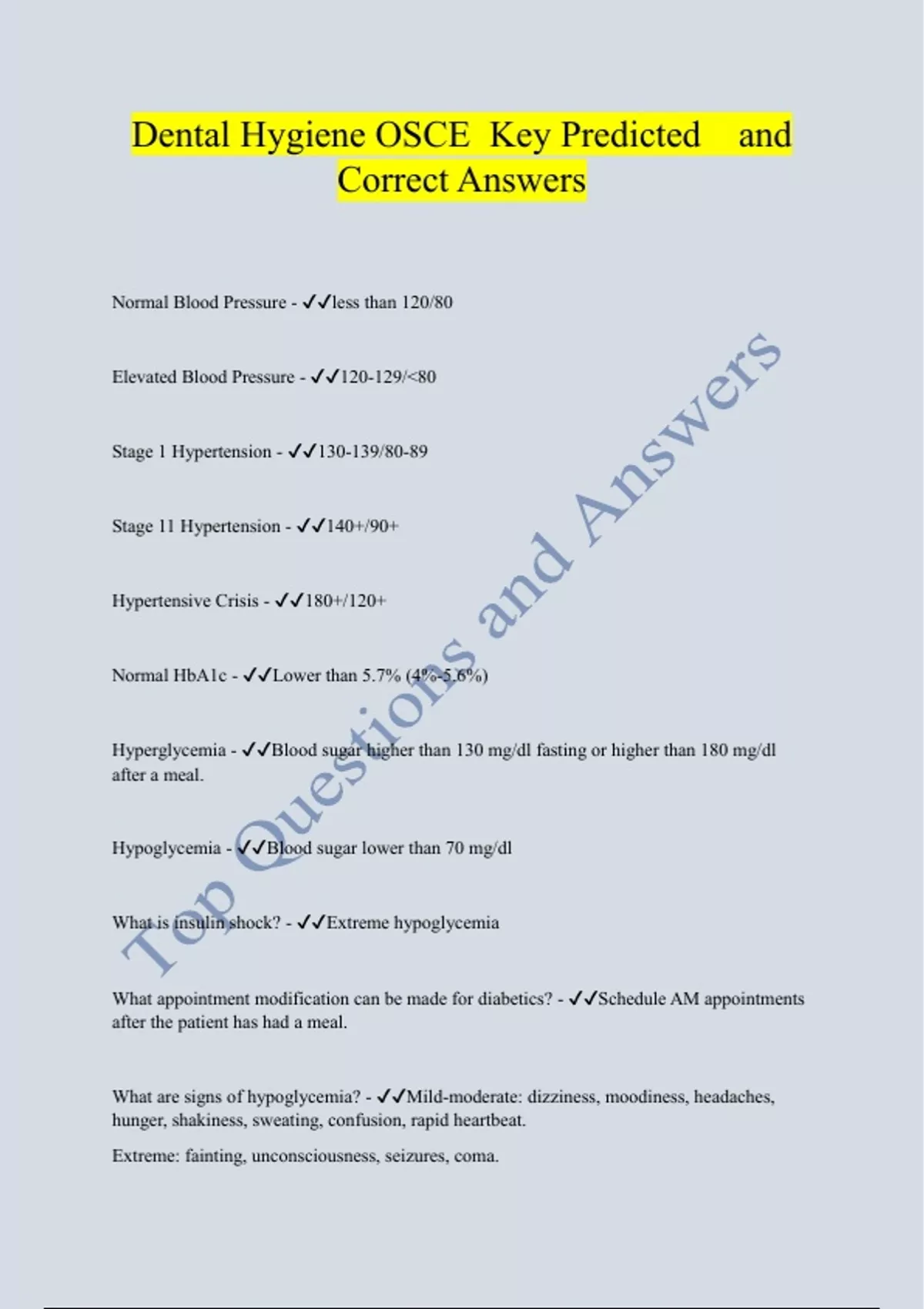 Dental Hygiene OSCE Key Predicted and Correct Answers Dental Hygiene