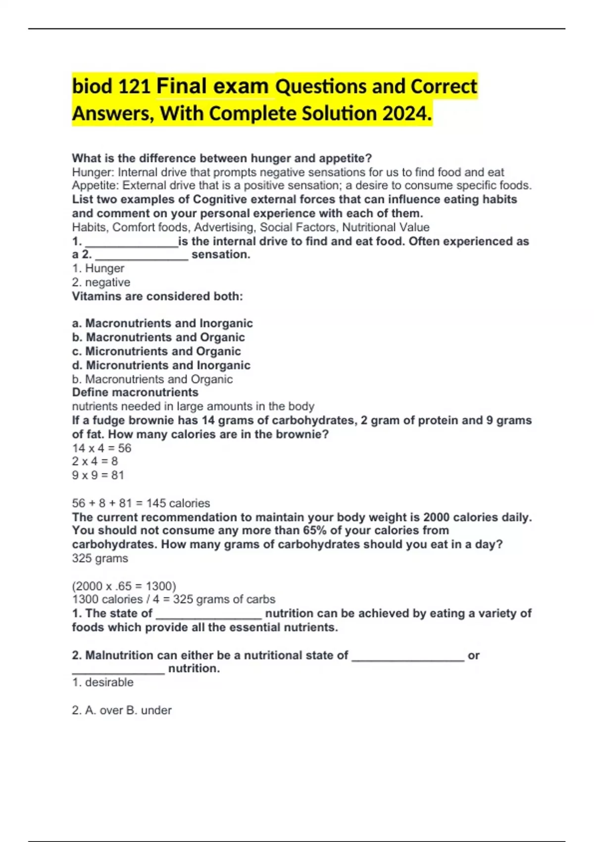biod 121 Final exam Questions and Correct Answers, With Complete ...