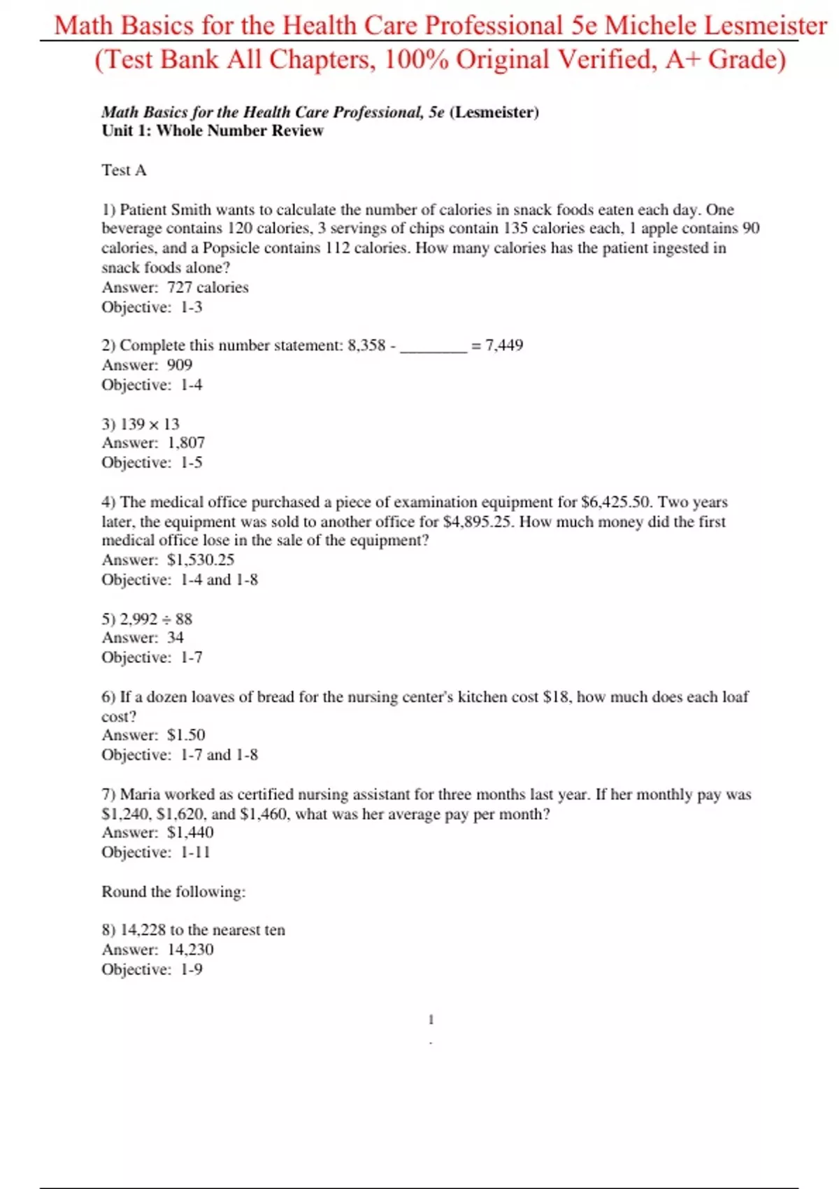 Test Bank For Math Basics for the Health Care Professional 5th Edition ...