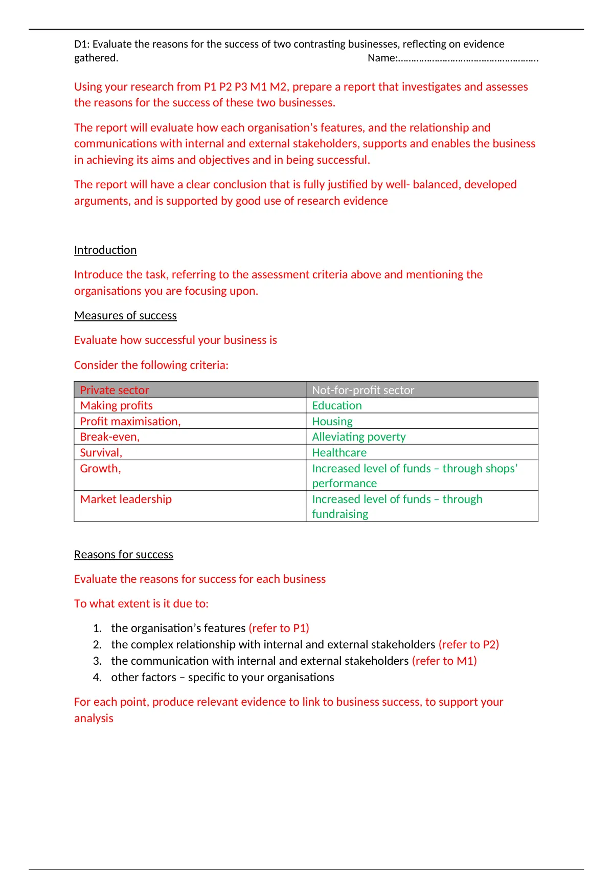btec business level 3 unit 1 assignment 1 example