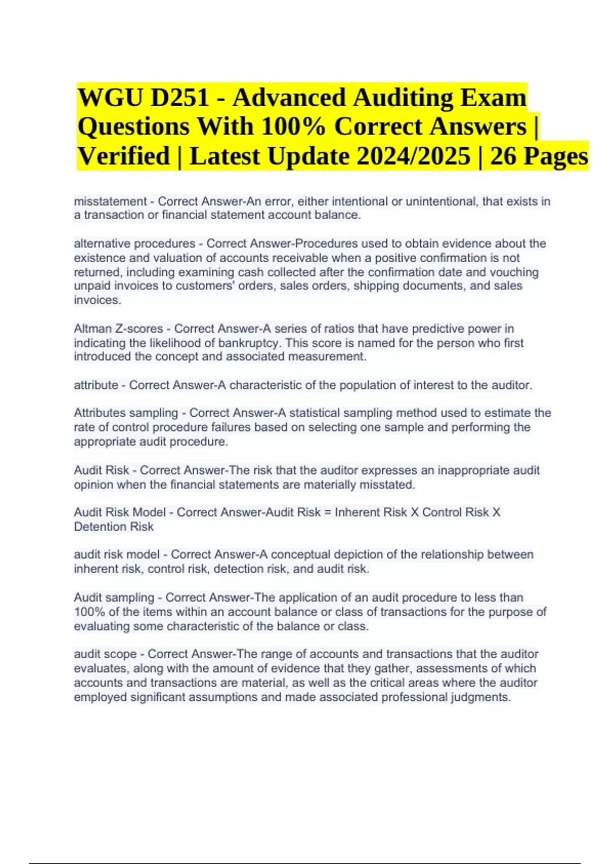 WGU D251 Advanced Auditing Final Exam Questions with 100 Correct