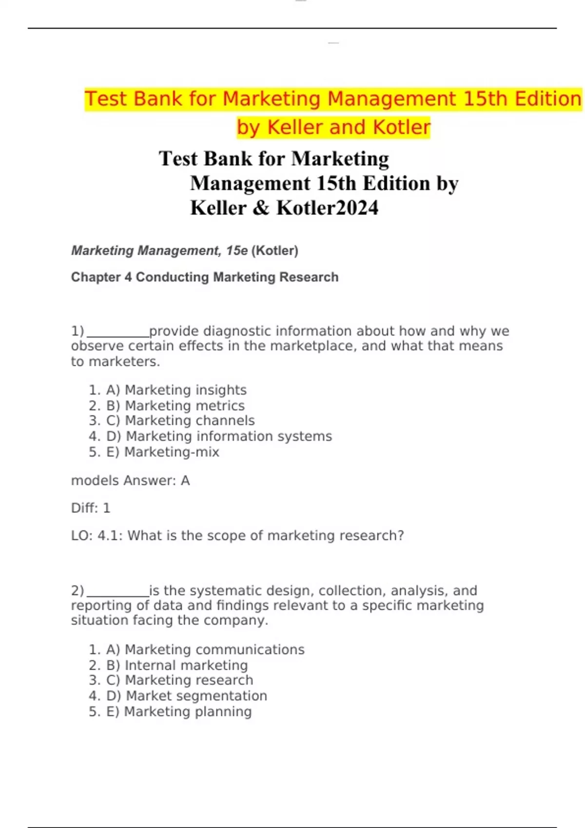 Test Bank for Marketing Management 15th Edition by Keller & Kotler2024 ...
