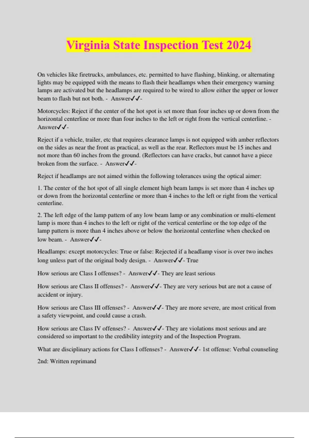 Virginia State Inspection Test 2024100 Solved Correctly Virginia