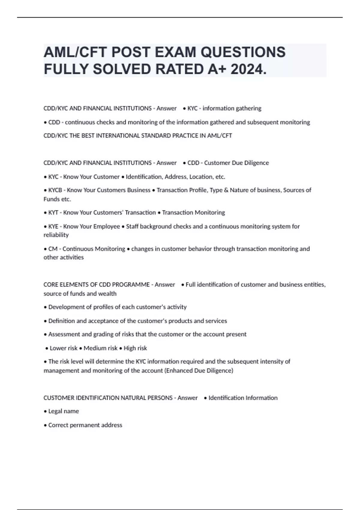 AML/CFT POST EXAM QUESTIONS FULLY SOLVED RATED A+ 2024. - CFT monitor ...