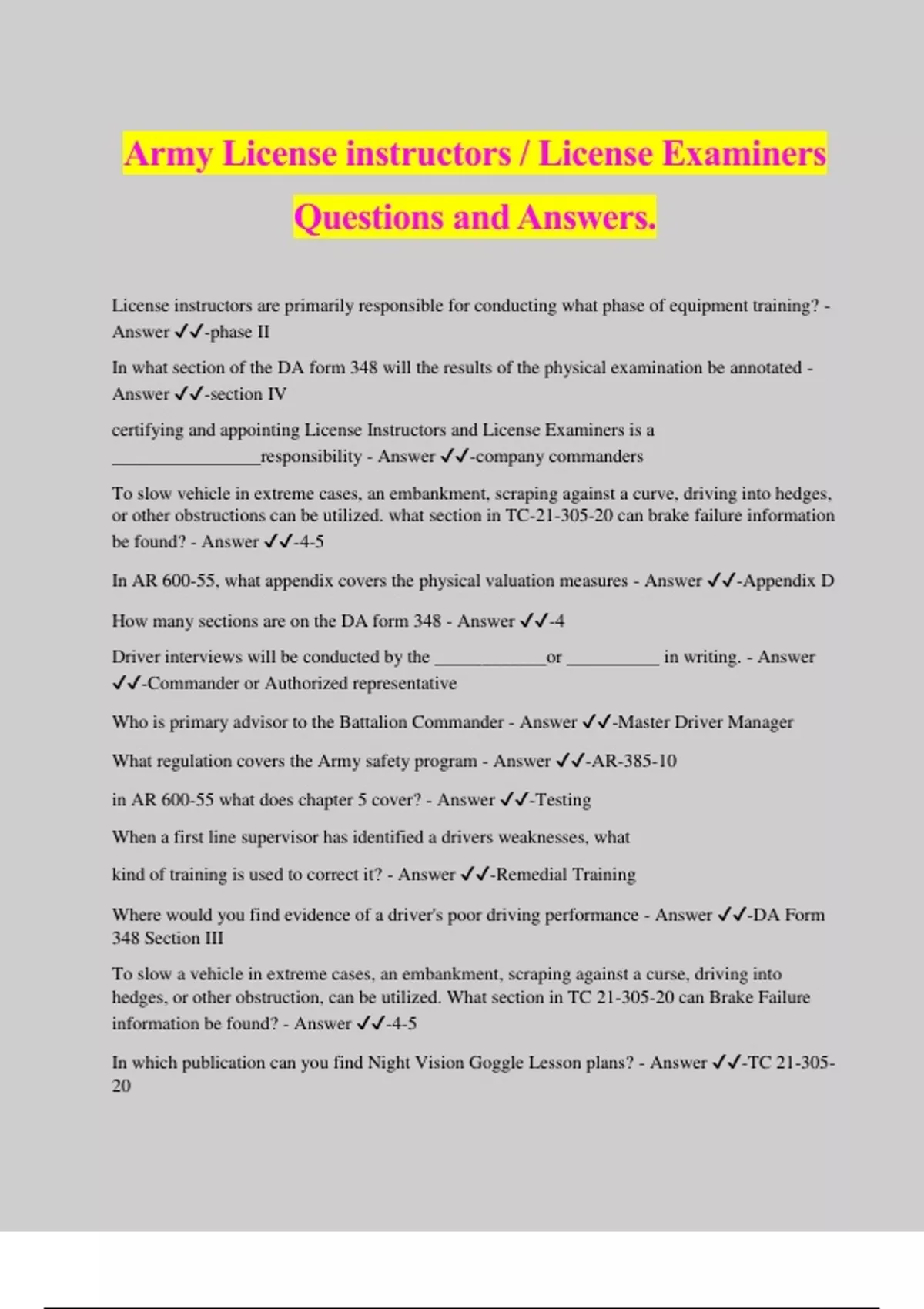 Army License instructors / License Examiners Questions and Answers ...