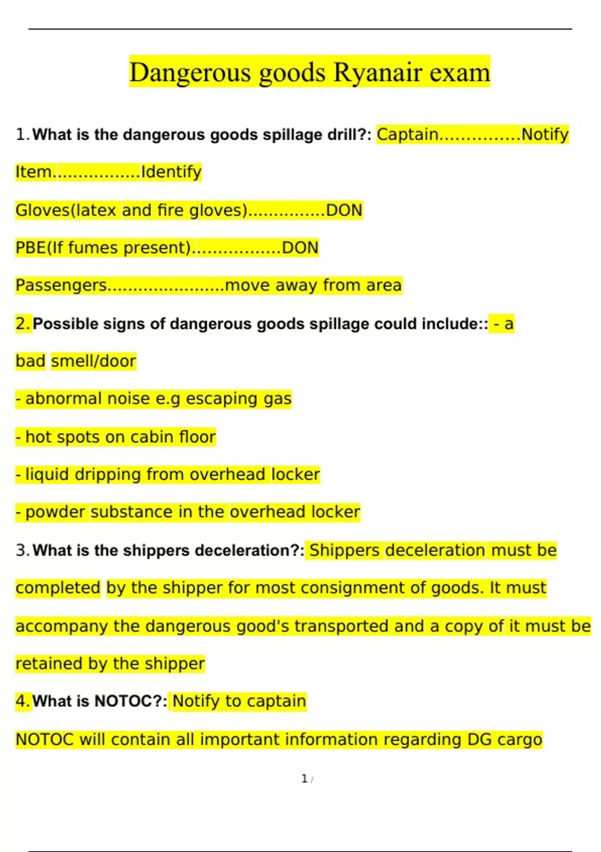 Dangerous goods Ryanair Exam Question and answer 100 correct