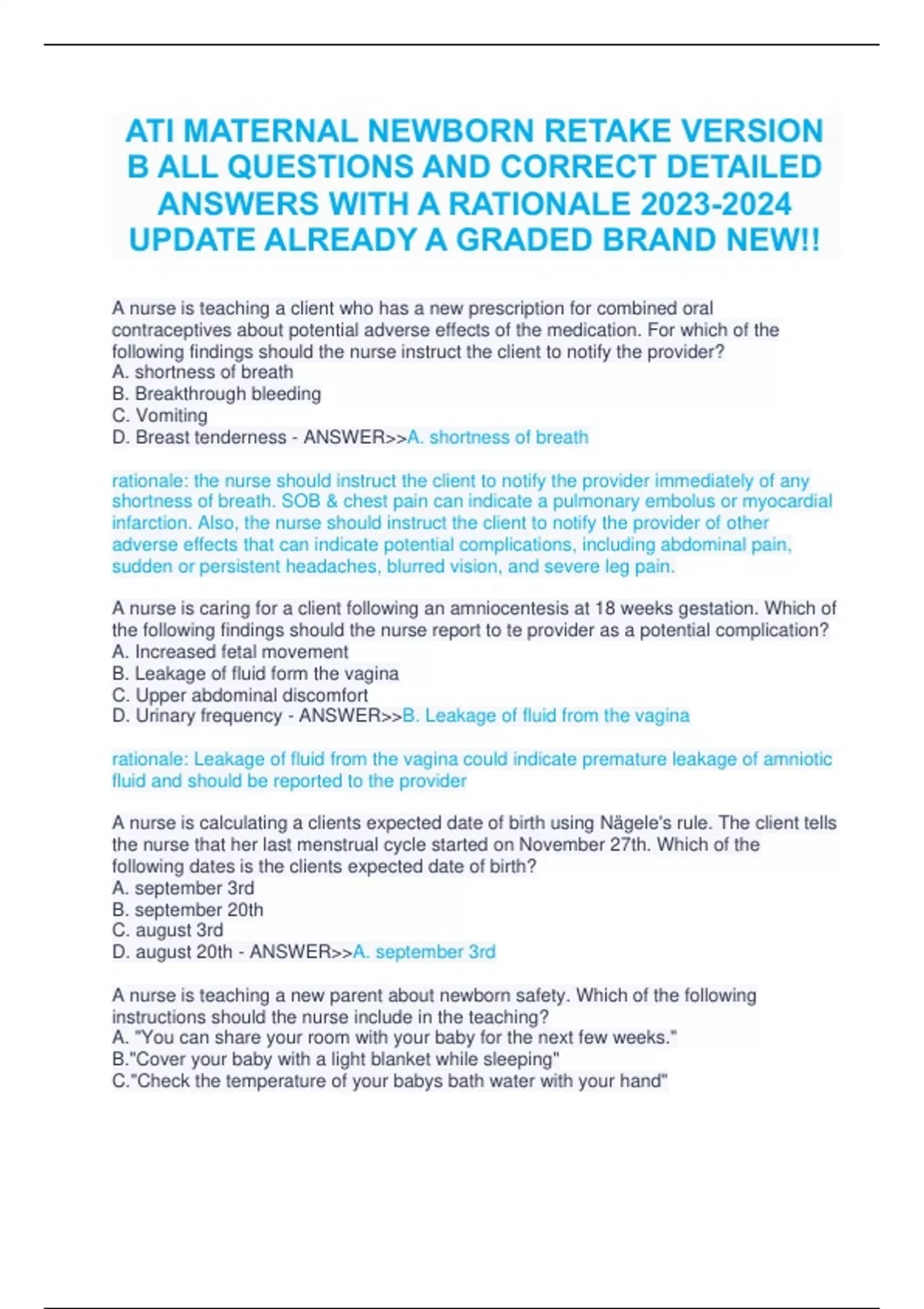 ATI Maternal Newborn (2023/2024) Proctored FULL Exam | 200 CORRECT ...