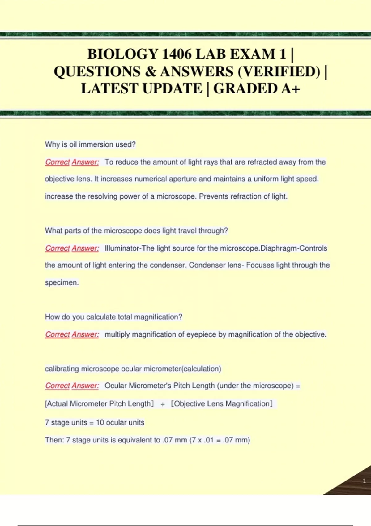 BIOLOGY 1406 LAB EXAM 1 | QUESTIONS & ANSWERS (VERIFIED) | LATEST ...