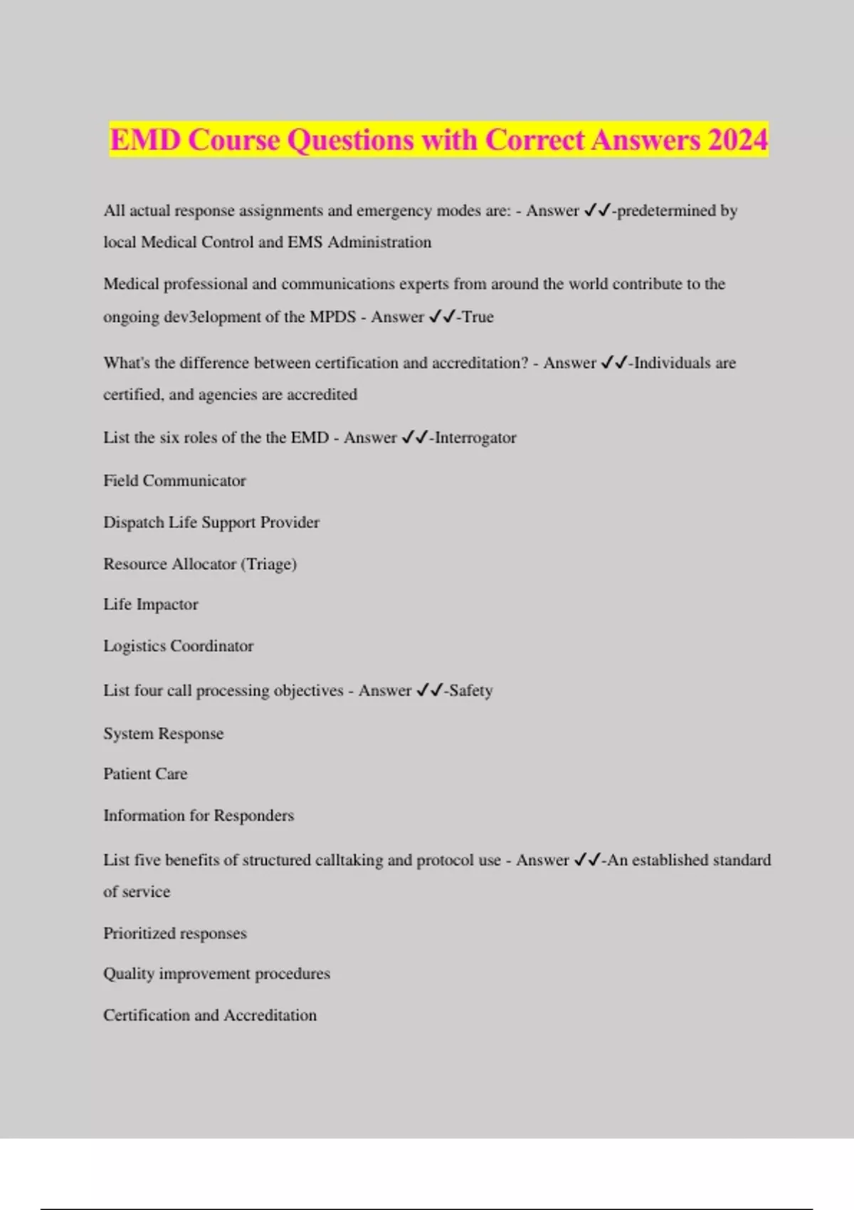 EMD Course Questions with Correct Answers 2024 - EMD - Stuvia US