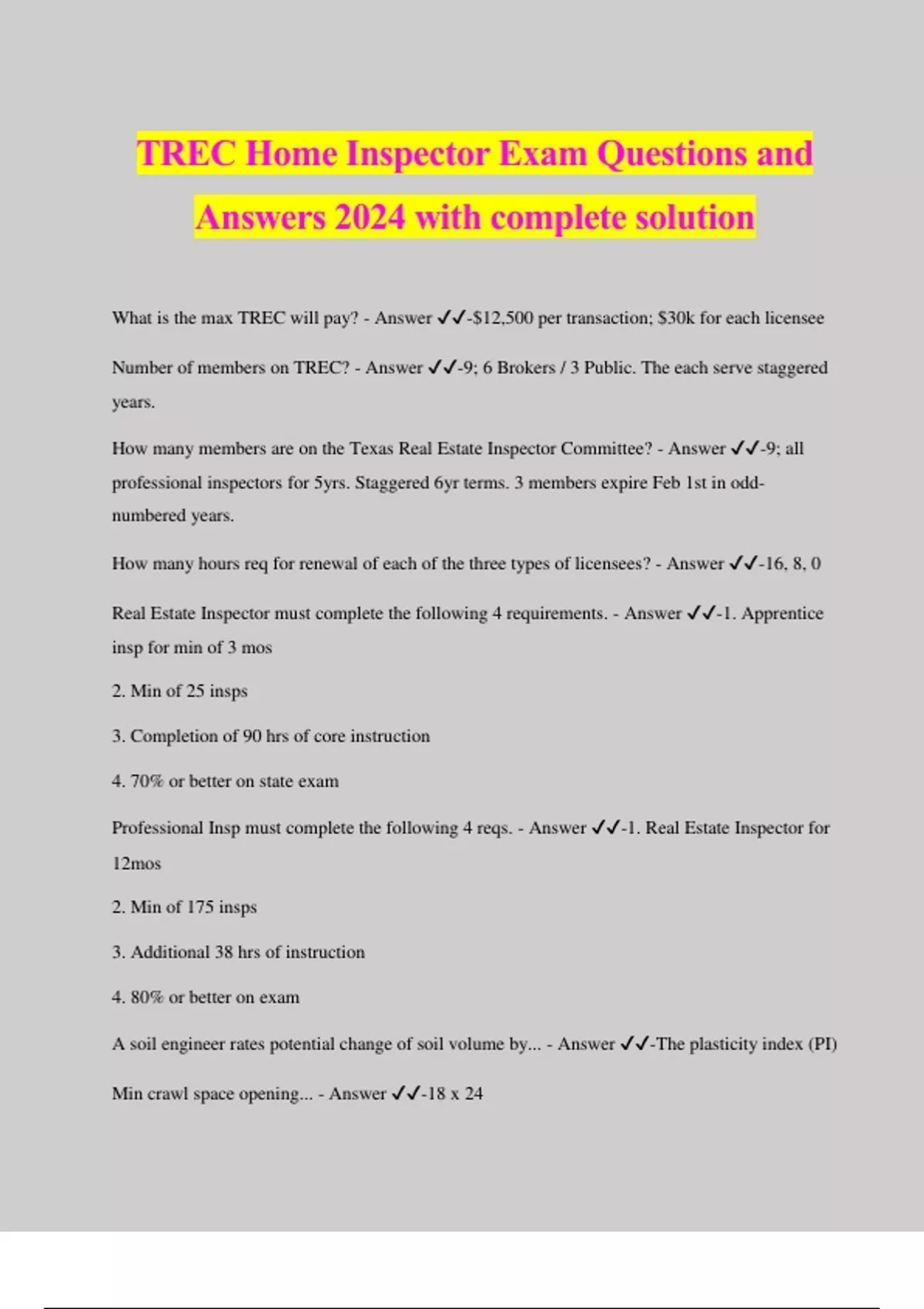 TREC Home Inspector Exam Questions and Answers 2024 with complete
