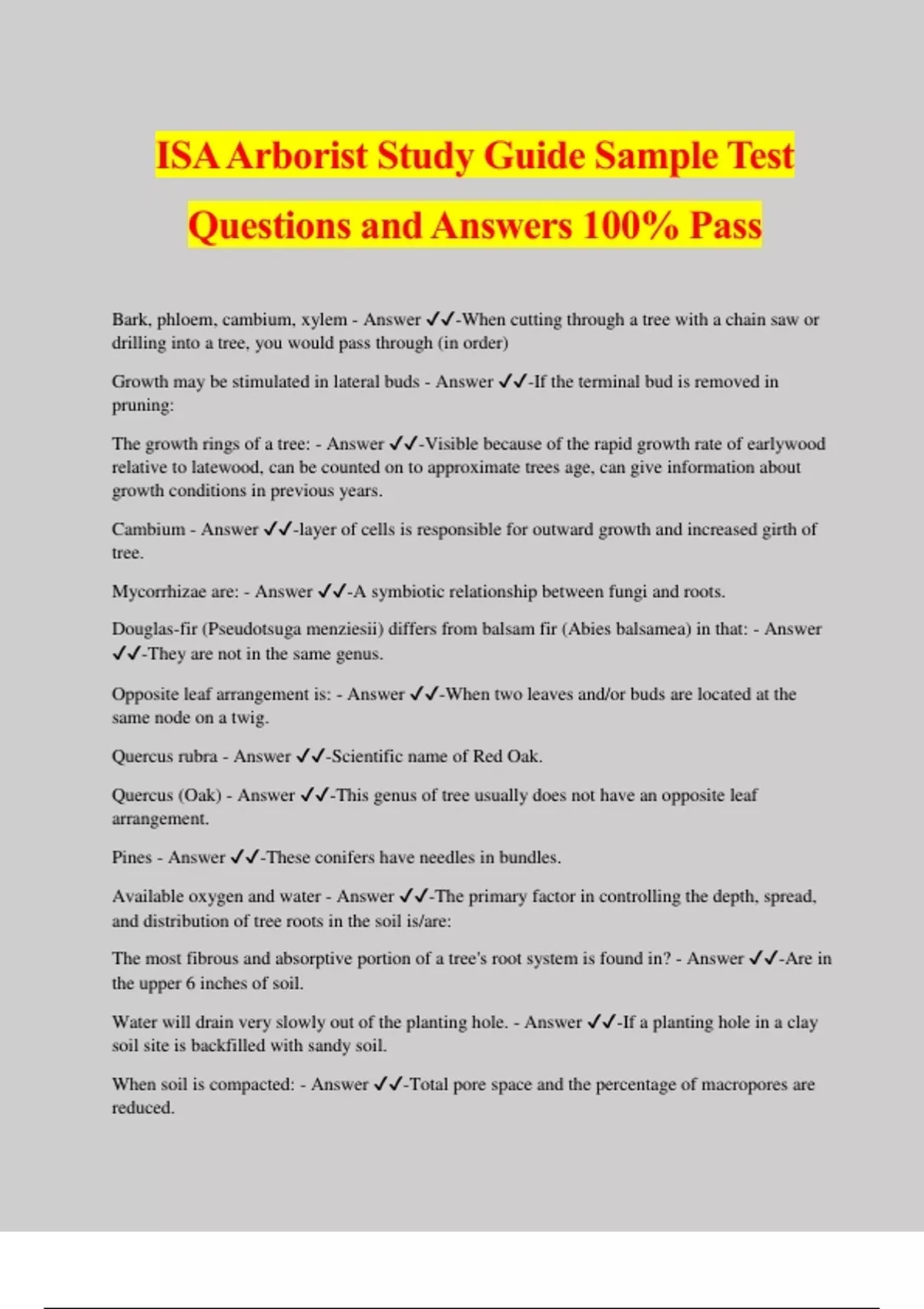 ISA Arborist Study Guide Sample Test Questions and Answers 100 Pass
