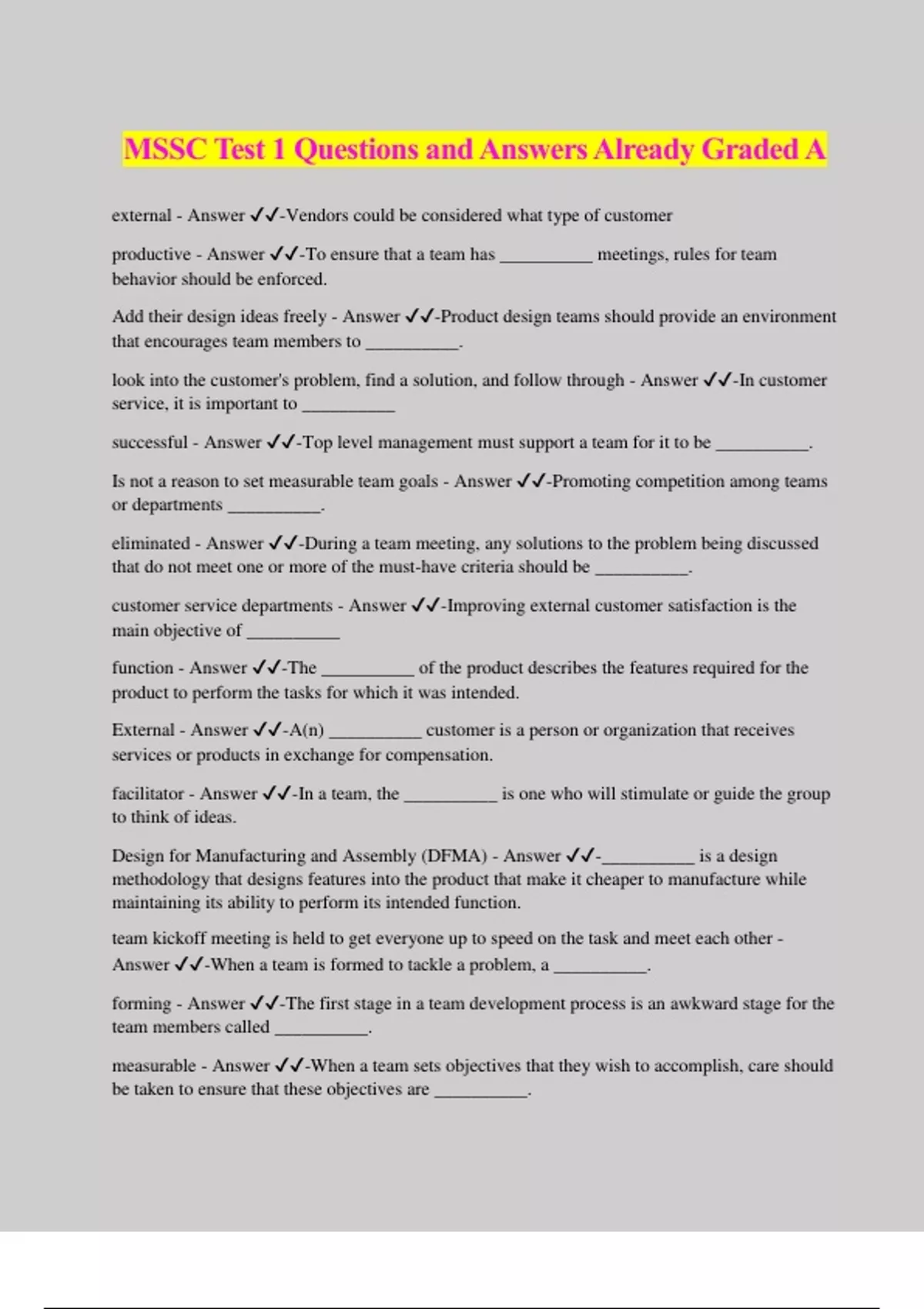 MSSC Test 1 Questions and Answers Already Graded A MSSC Safety Stuvia US