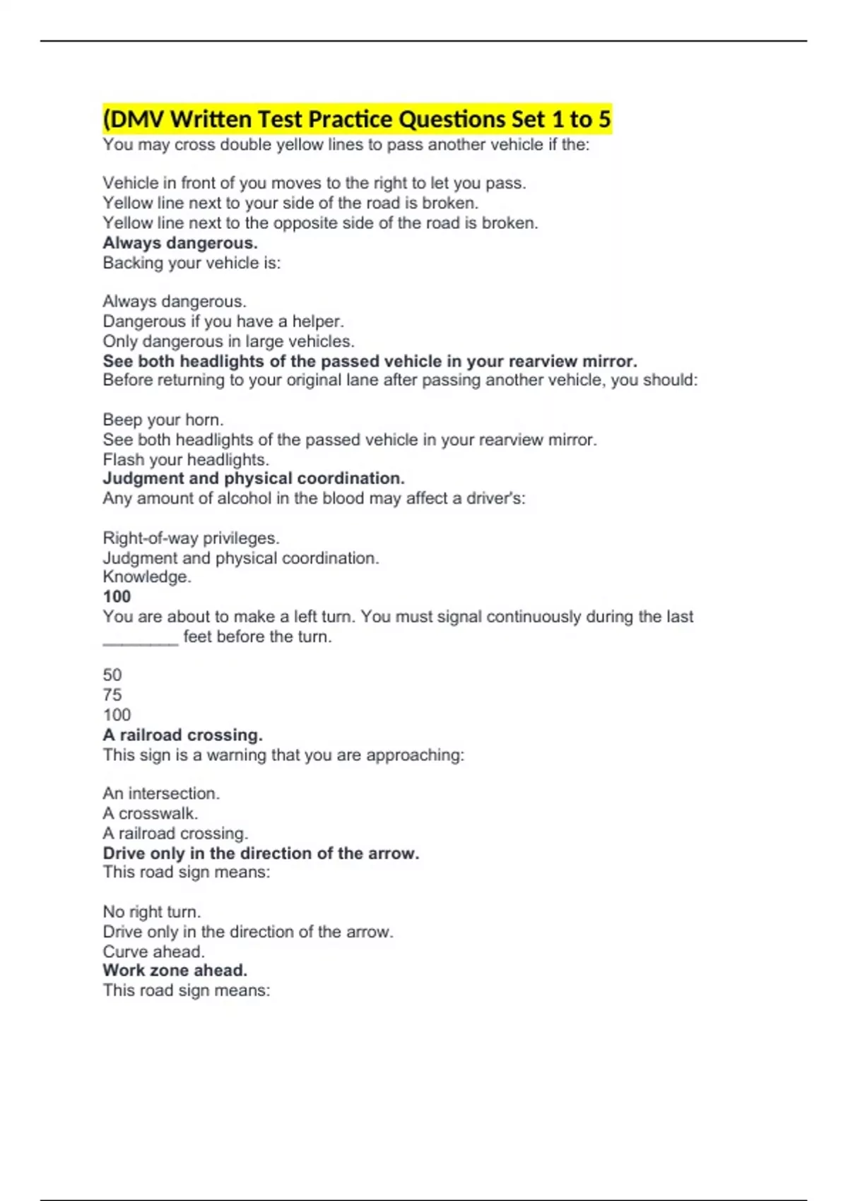 (DMV Written Test Practice Questions Set 1 to 5 - DMV - Stuvia US