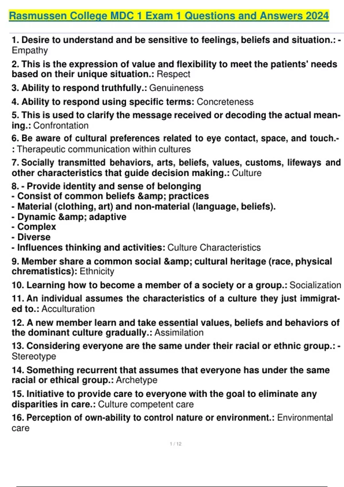 Rasmussen College MDC 1 Exam 1 Questions and Answers 2024 - MDC - Stuvia US