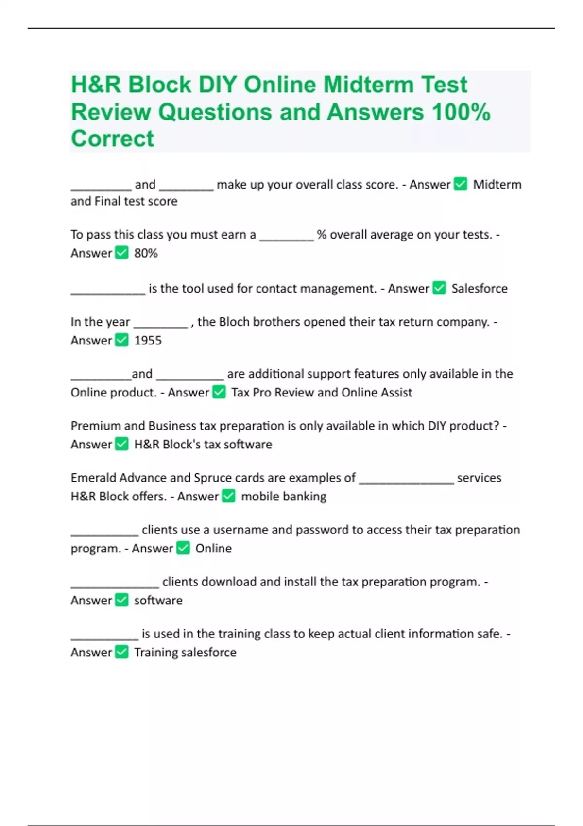 H R Block Interview Guide.pdf H&R Block DIY Online Midterm Test Review Questions and Answers 100% ...
