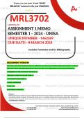 MRL3702 ASSIGNMENT 1 MEMO - SEMESTER 1 - 2024 UNISA – DUE DATE: - 8 MARCH 2024 (DETAILED ANSWERS WITH FOOTNOTES AND A BIBLIOGRAPHY - DISTINCTION GUARANTEED!)