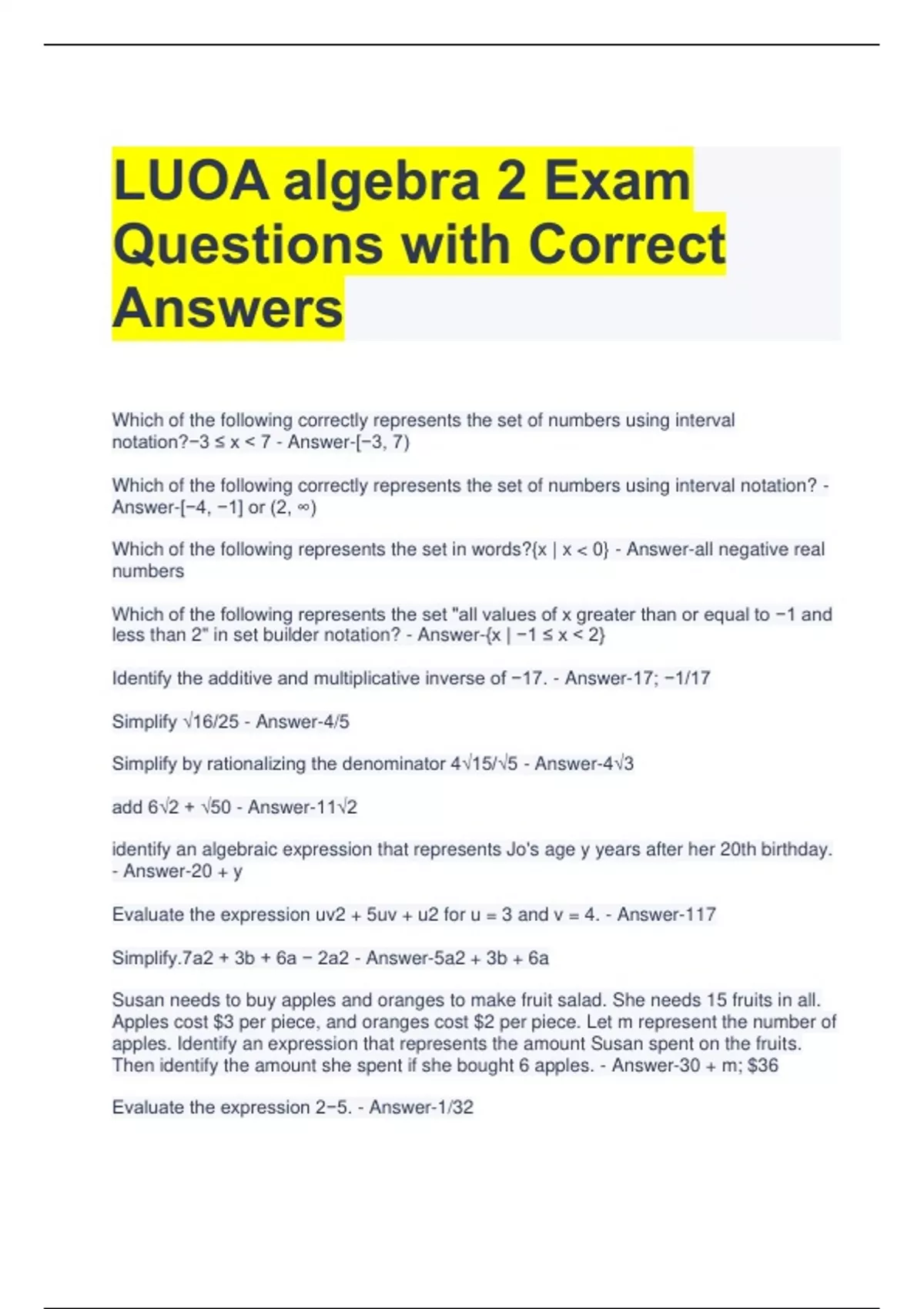 LUOA algebra 2 Exam Questions with Correct Answers - LUOA algebra ...