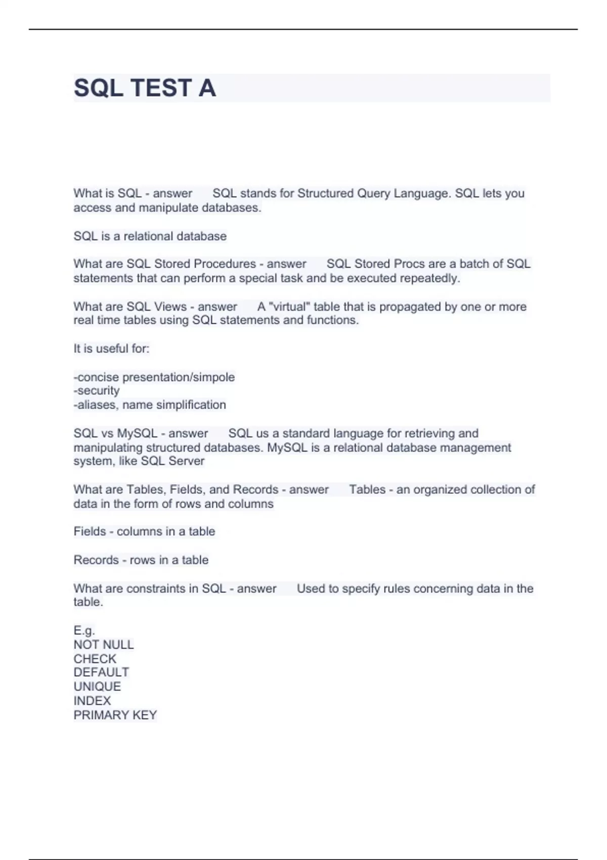 SQL TEST A QUESTIONS WITH CORRECT ANSWERS 2024 - Sql - Stuvia US