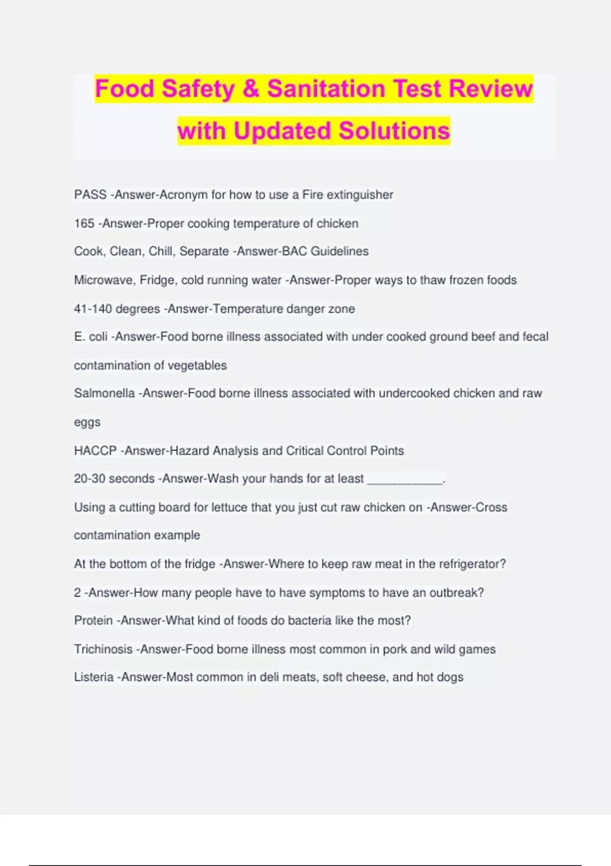 Food Safety and Sanitation Bundled Exams Questions and Answers 100 Verified and Updated 2024