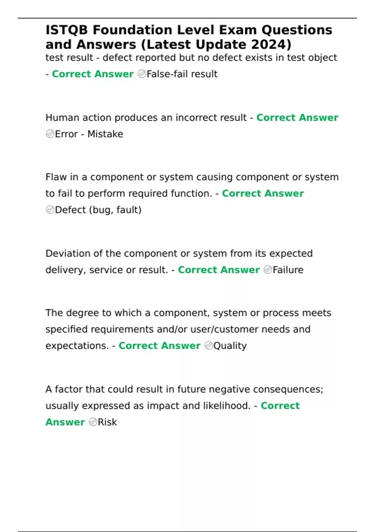 ISTQB Foundation Level Exam Questions and Answers (Latest Update 2024