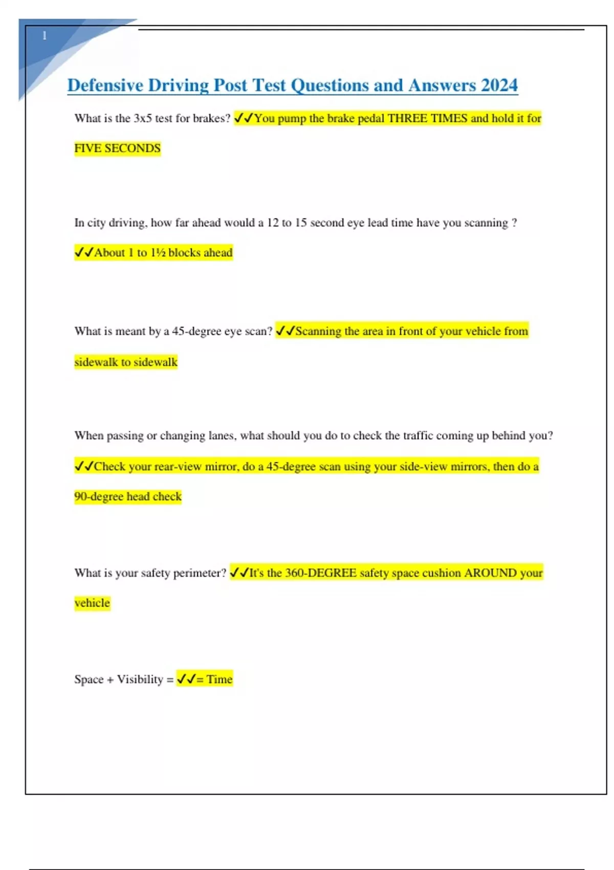 Defensive Driving Post Test Questions and Answers 2024 Defensive