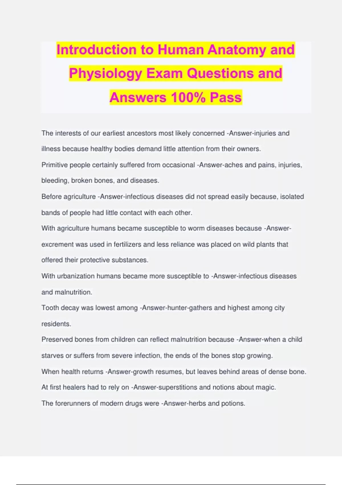 Introduction to Human Anatomy and Physiology Exam Questions and Answers