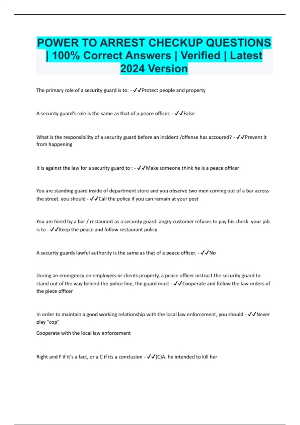 POWER TO ARREST CHECKUP QUESTIONS | 100% Correct Answers | Verified ...