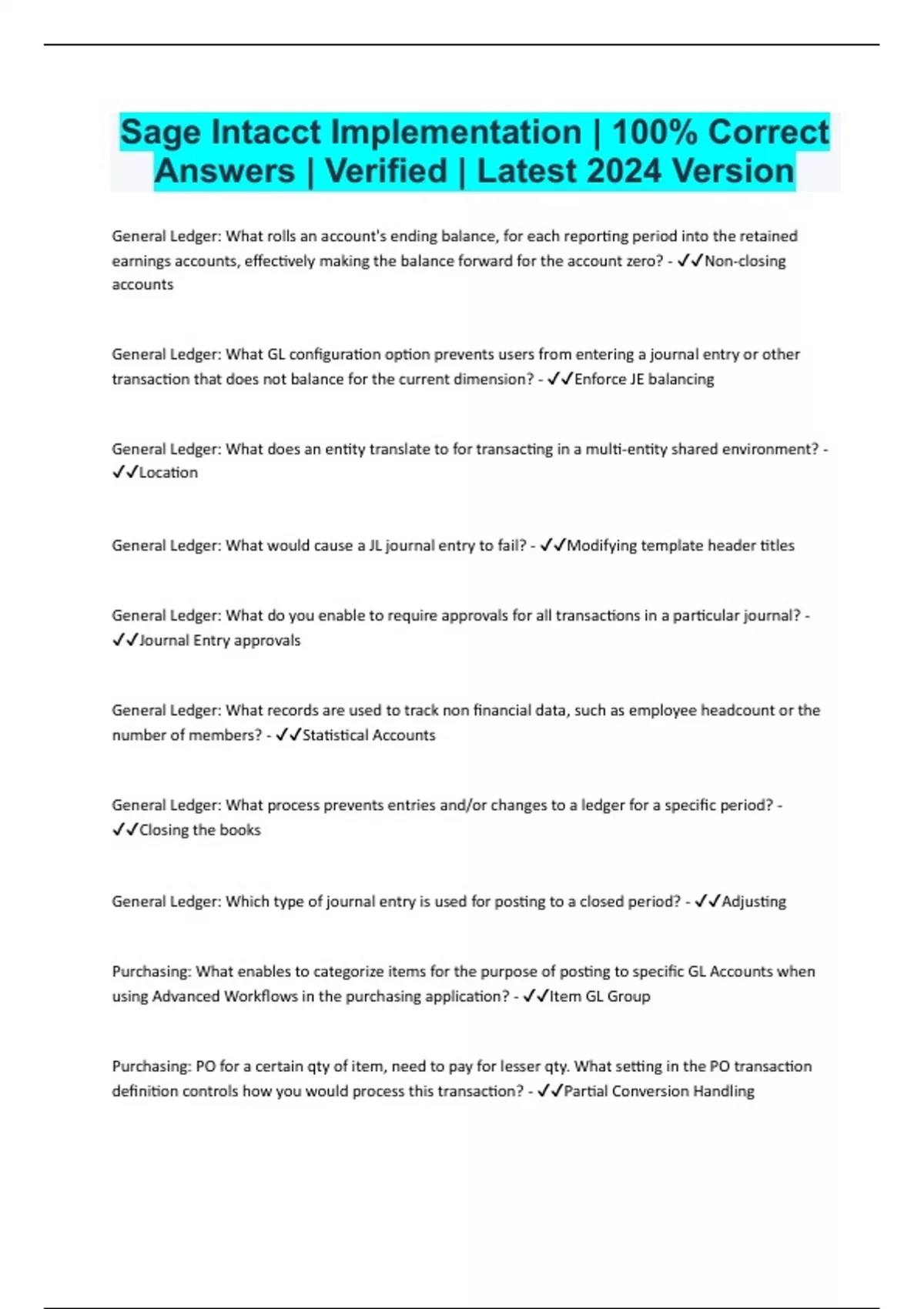 Sage Intacct Implementation 100 Correct Answers Verified Latest