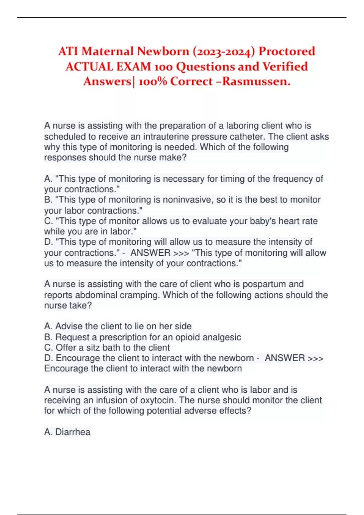 ATI Maternal Newborn () Proctored ACTUAL EXAM 100 Questions and ...