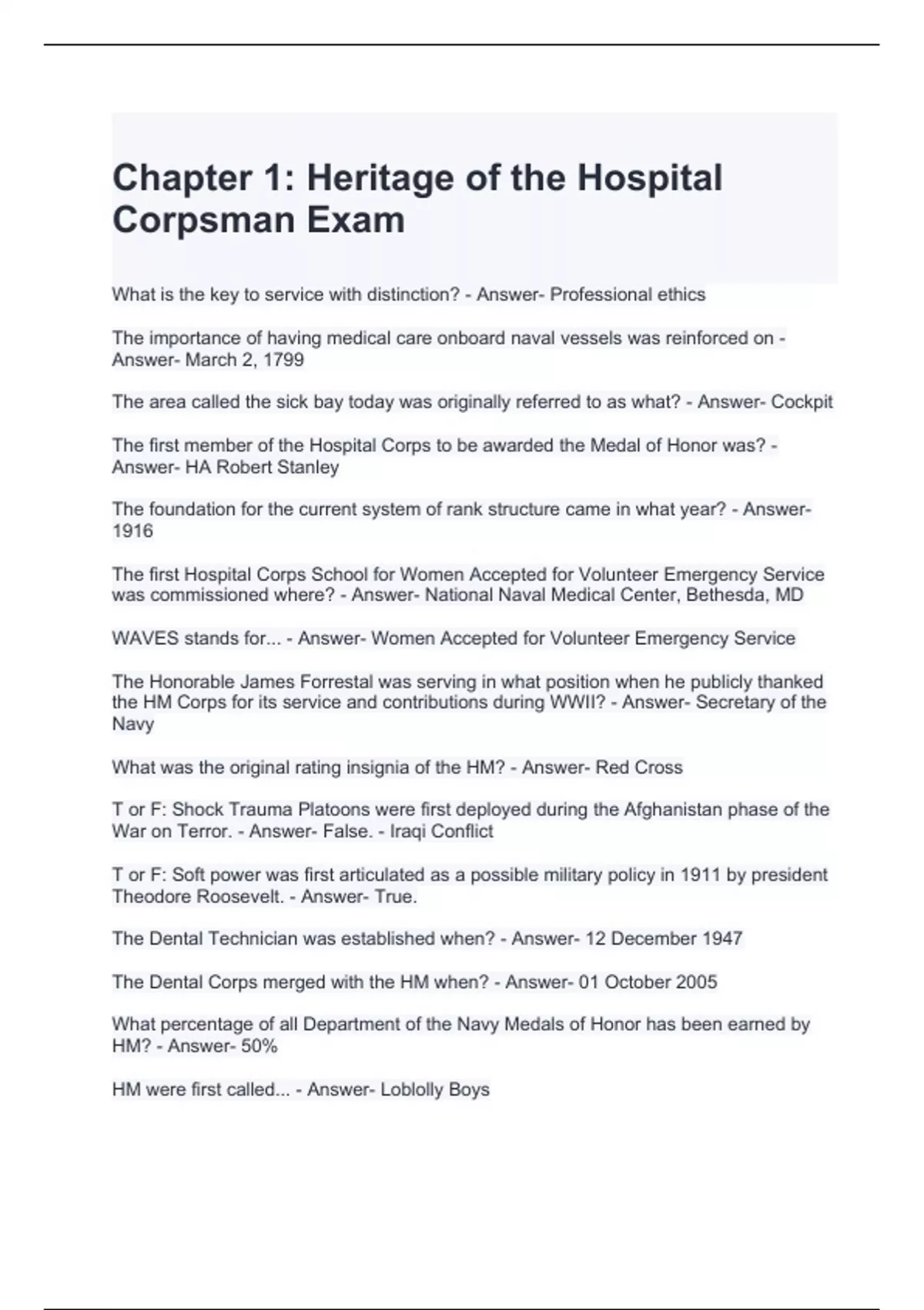 Chapter 1 Heritage of the Hospital Corpsman Exam 2024 - Navy Hospital ...