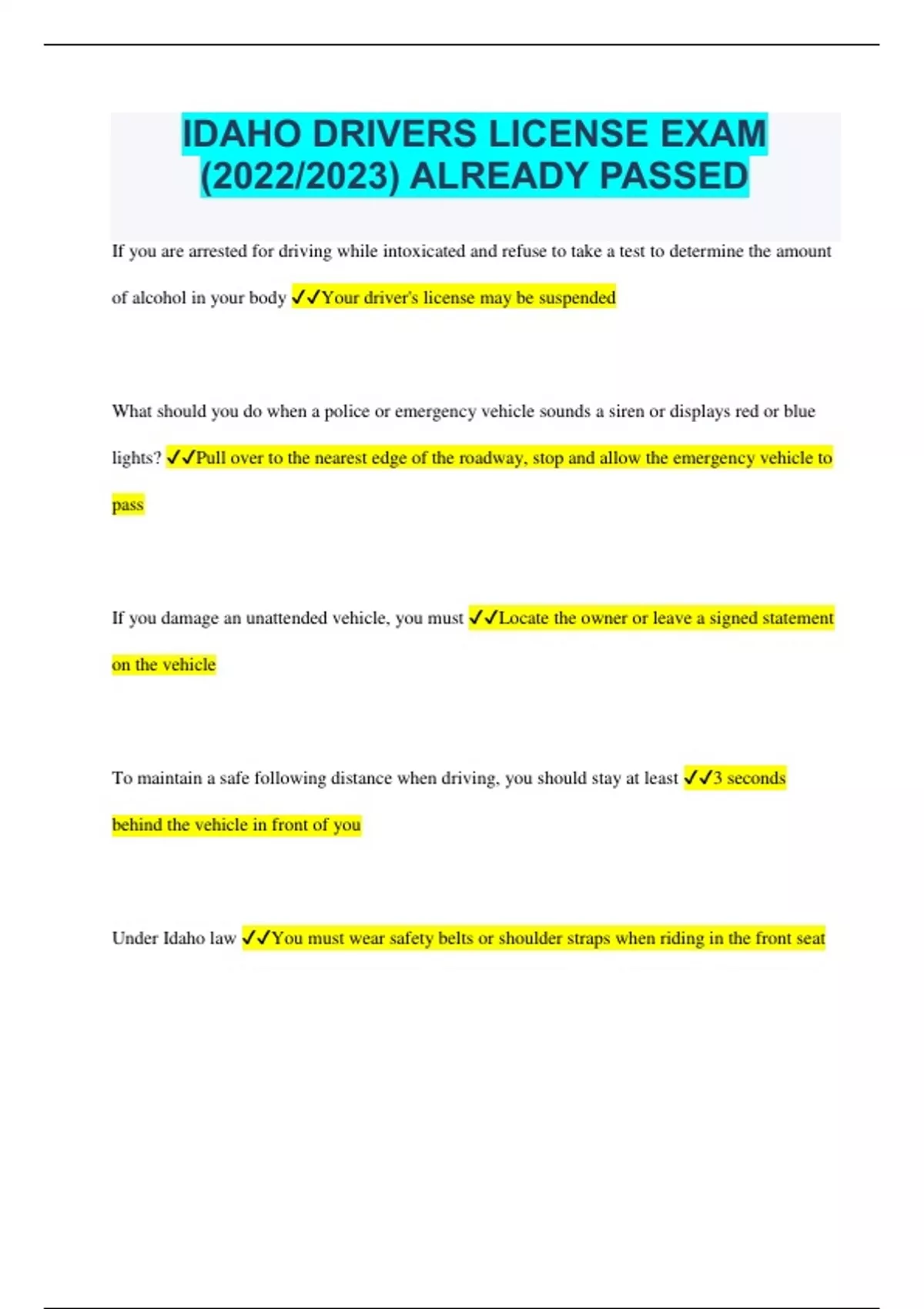 IDAHO DRIVERS LICENSE EXAM () WITH ANS ALREADY PASSED - DRIVERS LICENSE ...